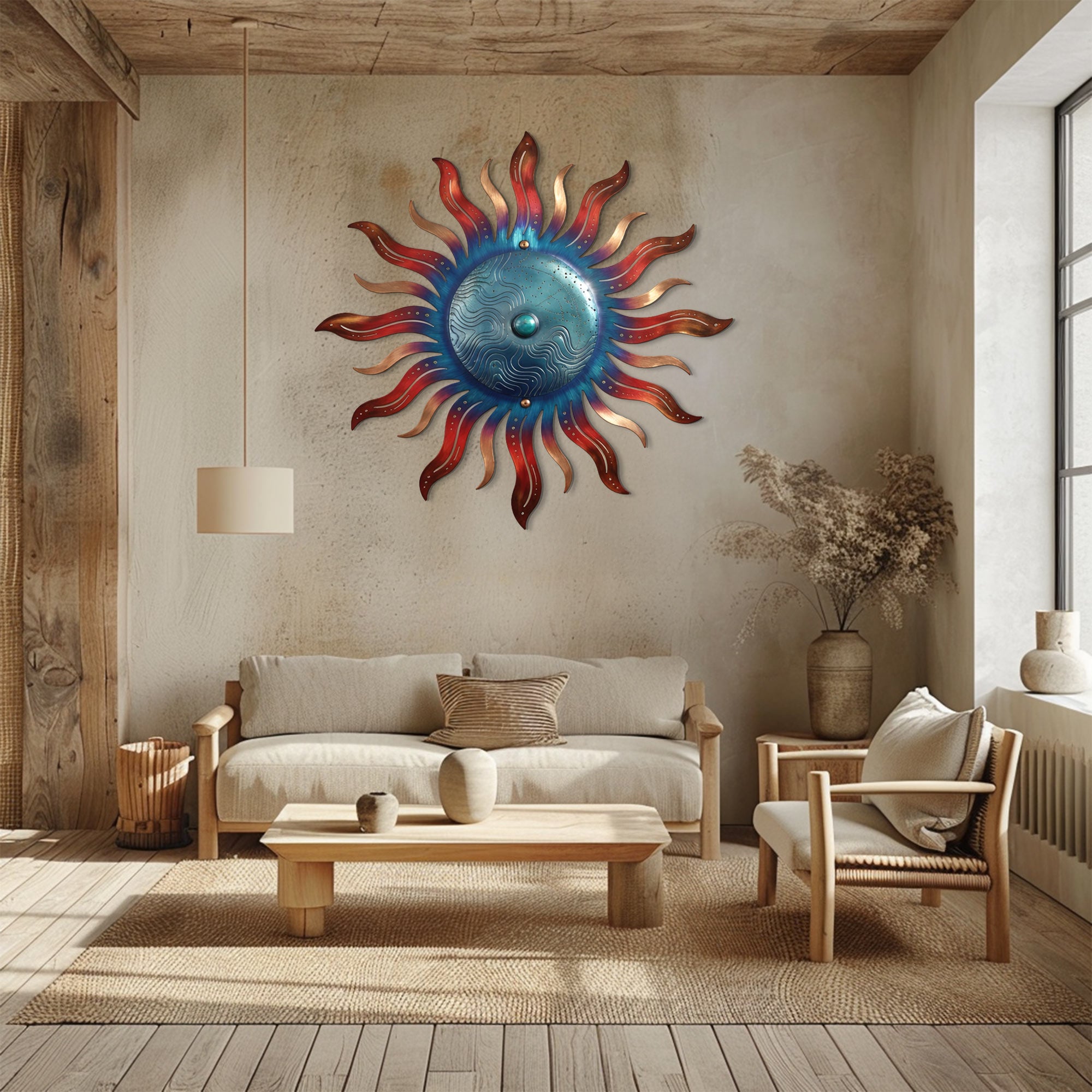 Blue Sun Wall Art – Coastal Boho Aluminum Metal Decor for Indoor &amp; Outdoor Home Spaces
