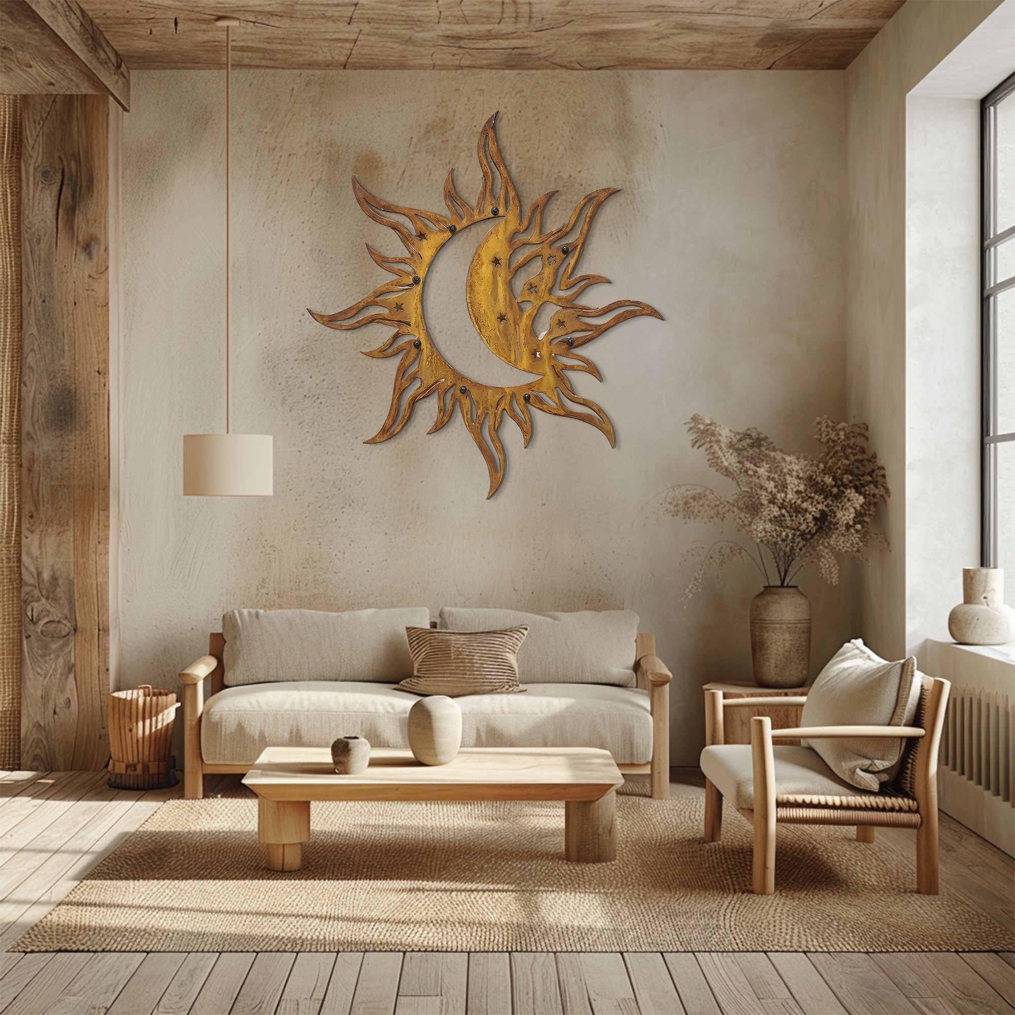 Sun Moon Wall Art – Celestial Boho Aluminum Metal Decor for Indoor &amp; Outdoor Home Spaces