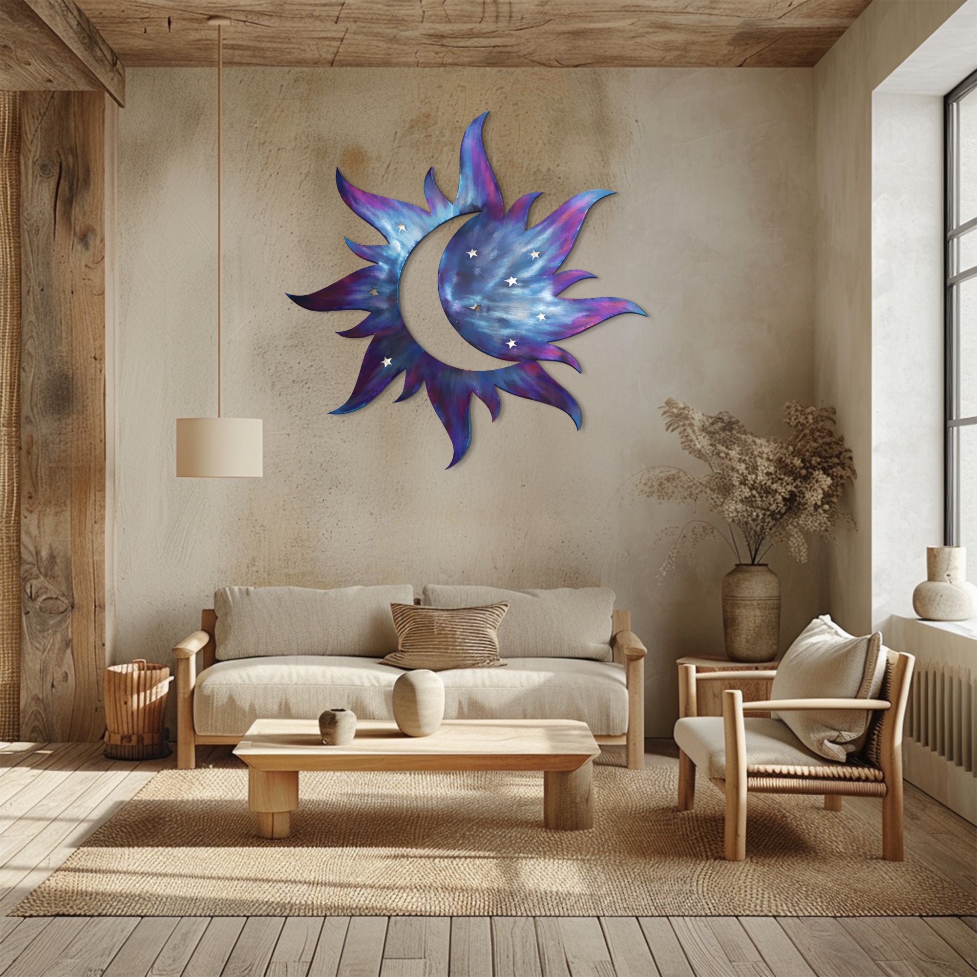 Celestial Sun Moon Wall Art – Galaxy Style UV Printed Metal Decor for Bedroom &amp; Living Room