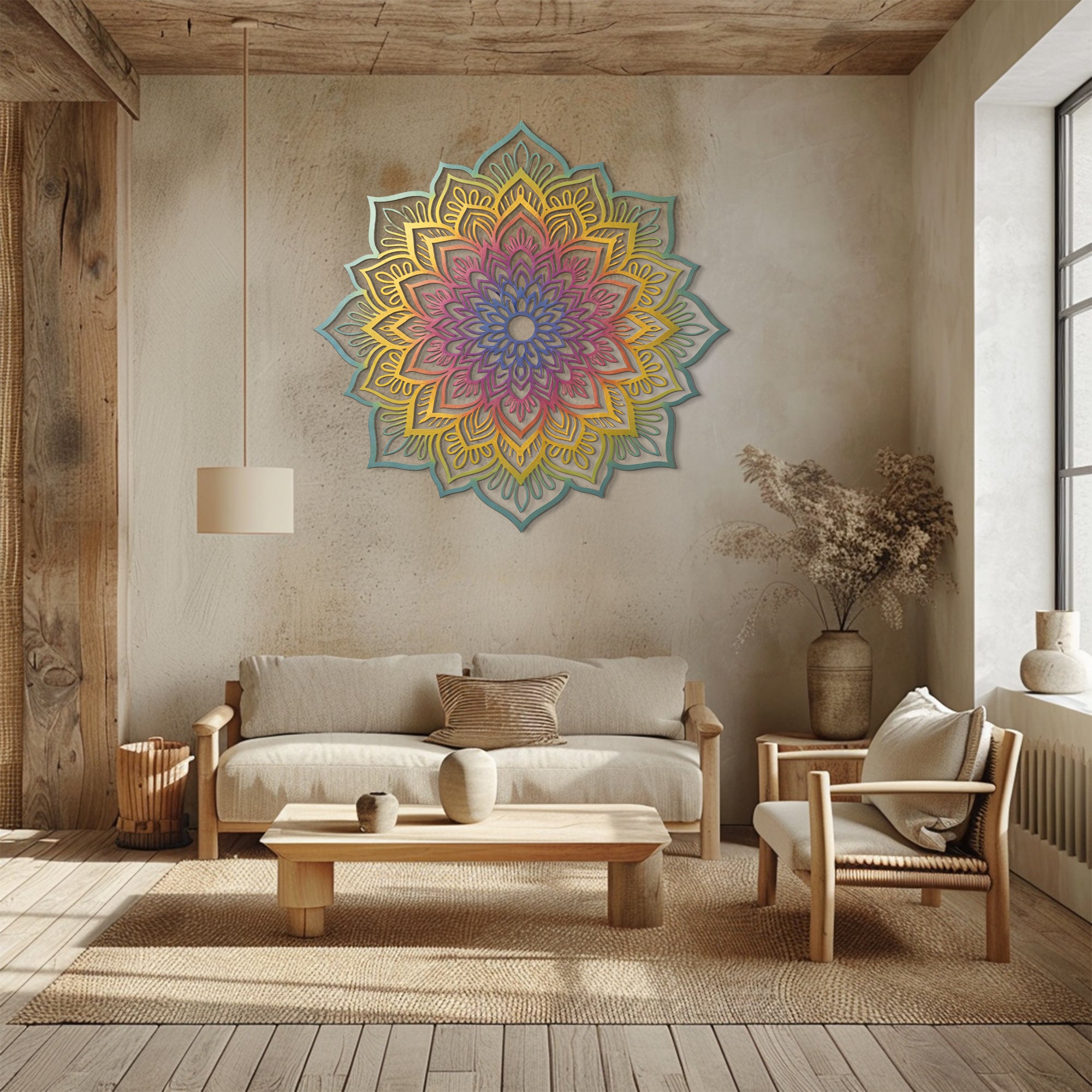 Mandala Flower Wall Art – Boho Rainbow Style UV Printed Metal Decor for Living Room &amp; Meditation Space