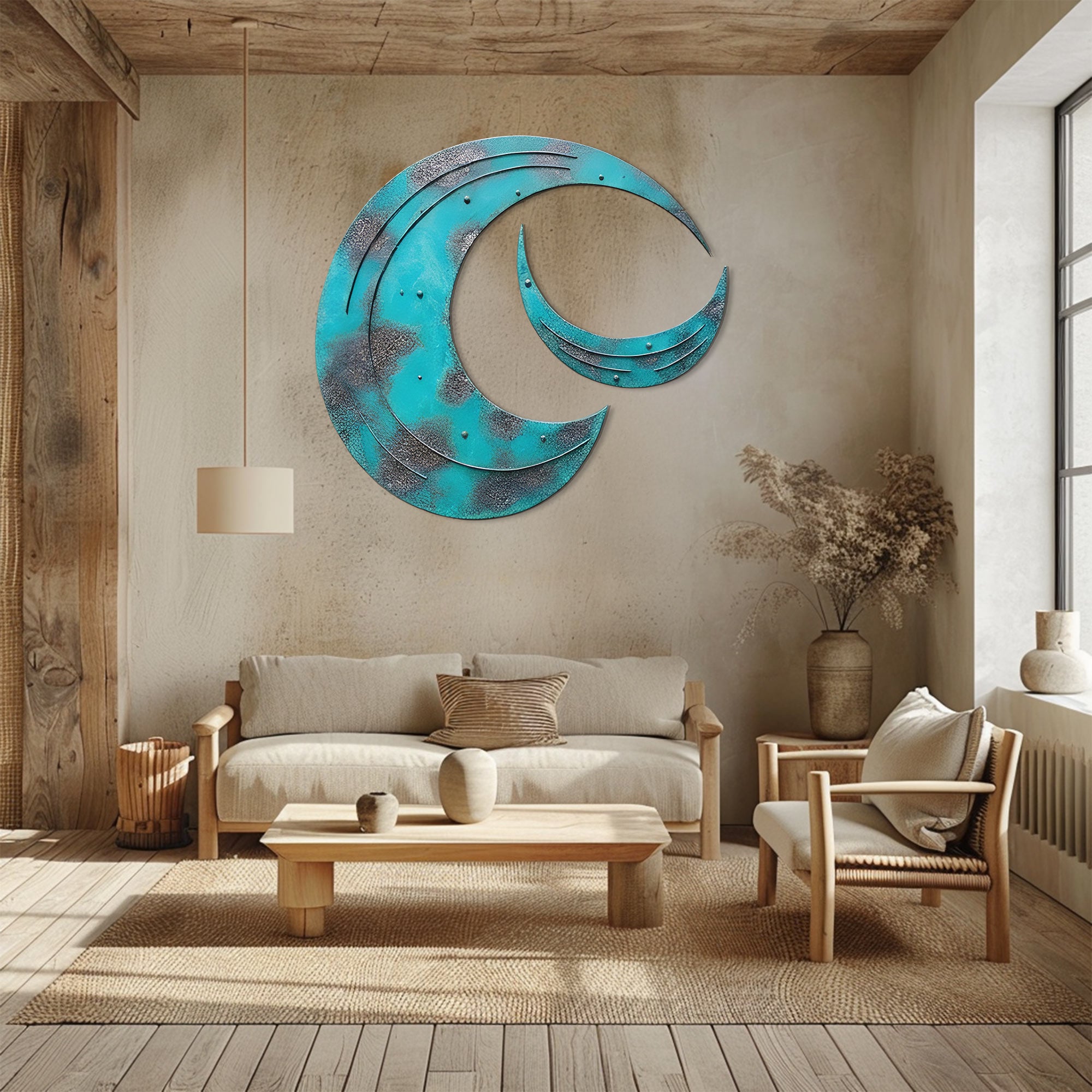 Crescent Moon Wall Art – Rustic Patina Style UV Printed Metal Decor for Bedroom &amp; Outdoor Garden