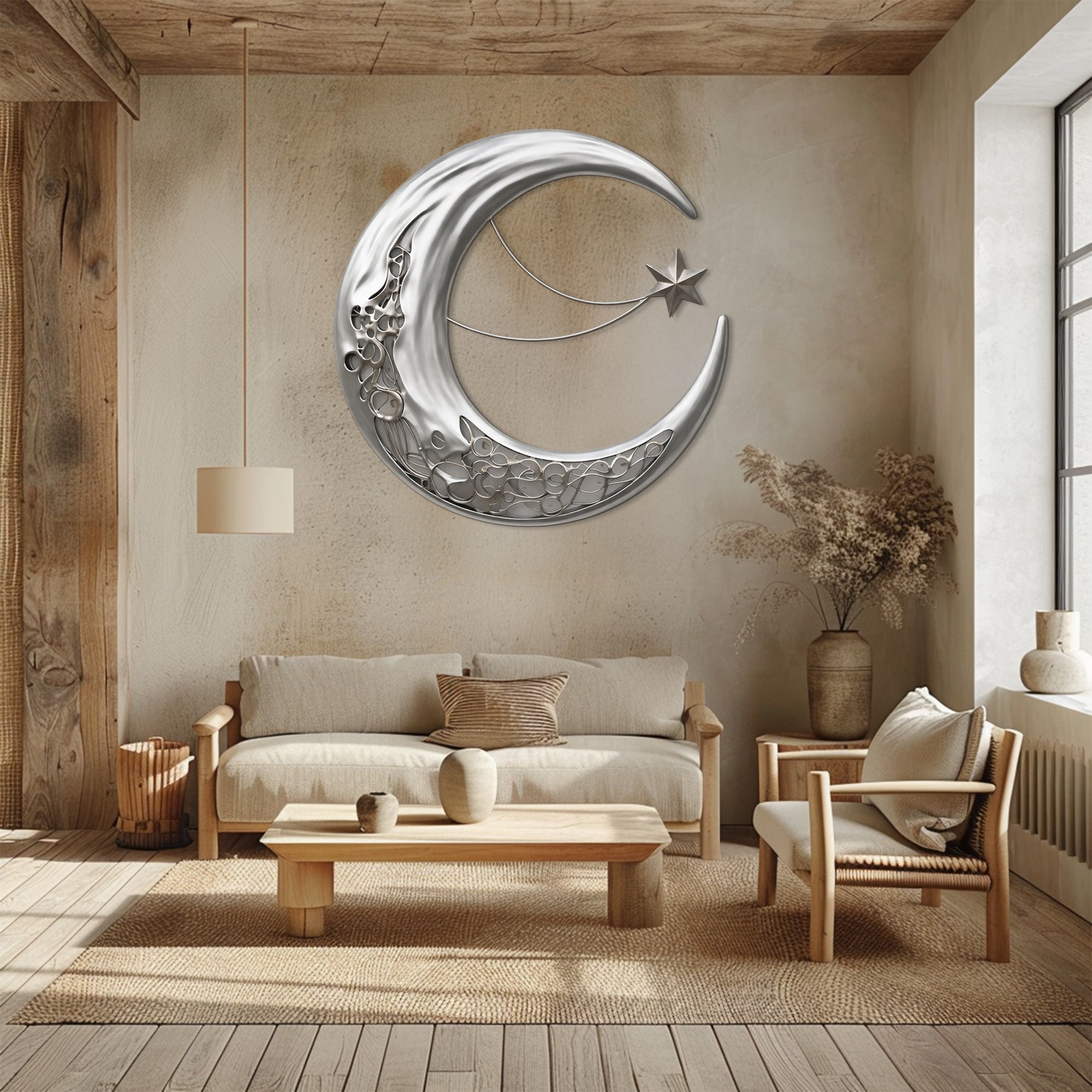 Silver Crescent Moon Wall Art – Modern Celestial UV Printed Metal Decor for Living Room &amp; Bedroom