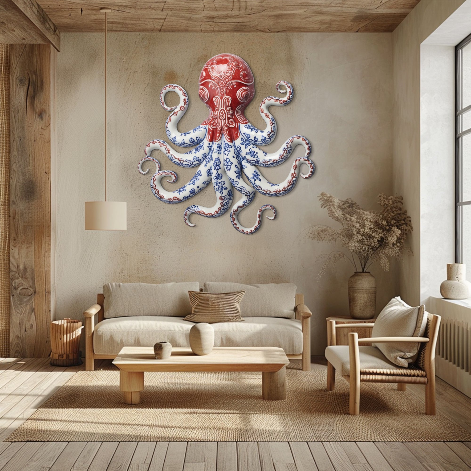 Red Chinoiserie Octopus – Elegant Blue &amp; White Porcelain Style Metal Wall Art Decor