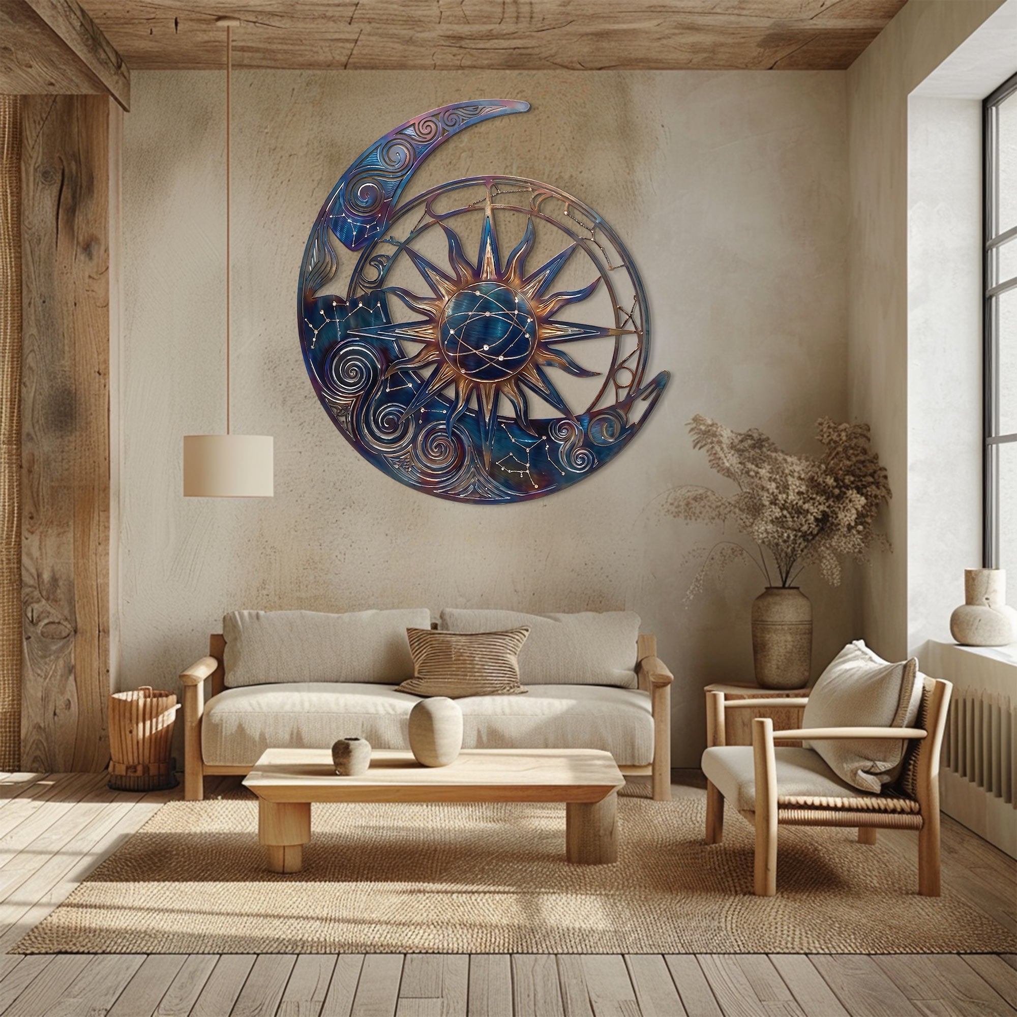 Sun Moon Metal Wall Art – Boho UV Printed Aluminum Wall Decor for Indoor Outdoor Space