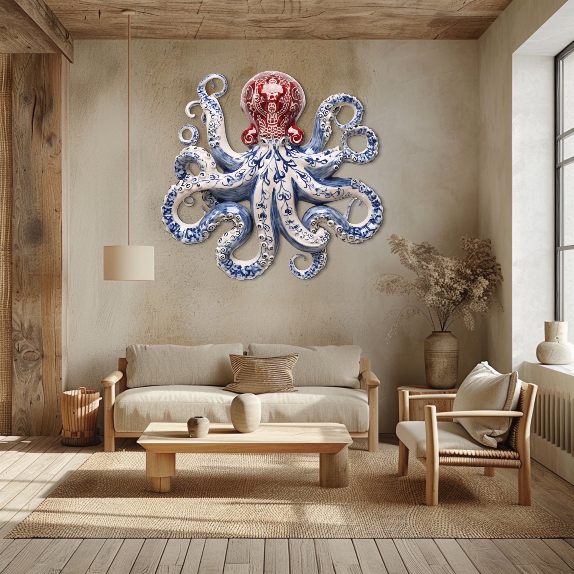 Blue Red Chinoiserie Octopus – Elegant Porcelain Style Metal Wall Art Decor for Home &amp; Outdoor