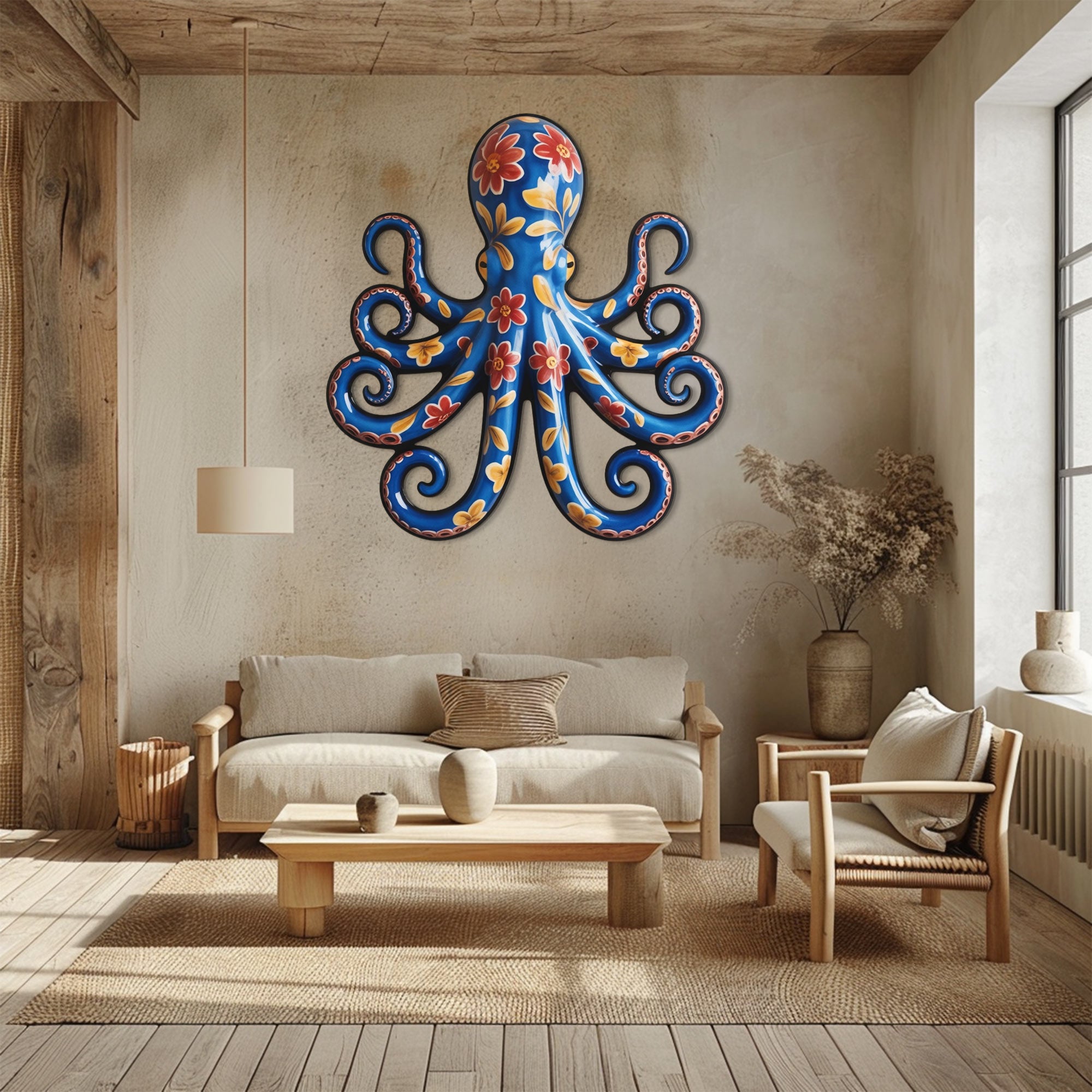 Floral Blue Octopus – Vibrant Mexican Talavera Style Metal Wall Art Decor for Home &amp; Outdoor