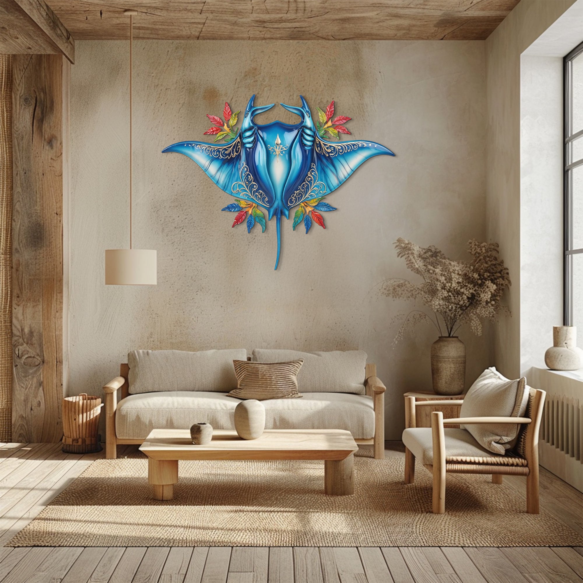 Blue Tropical Stingray – Vibrant Fantasy Style Metal Wall Art Decor for Home &amp; Outdoor