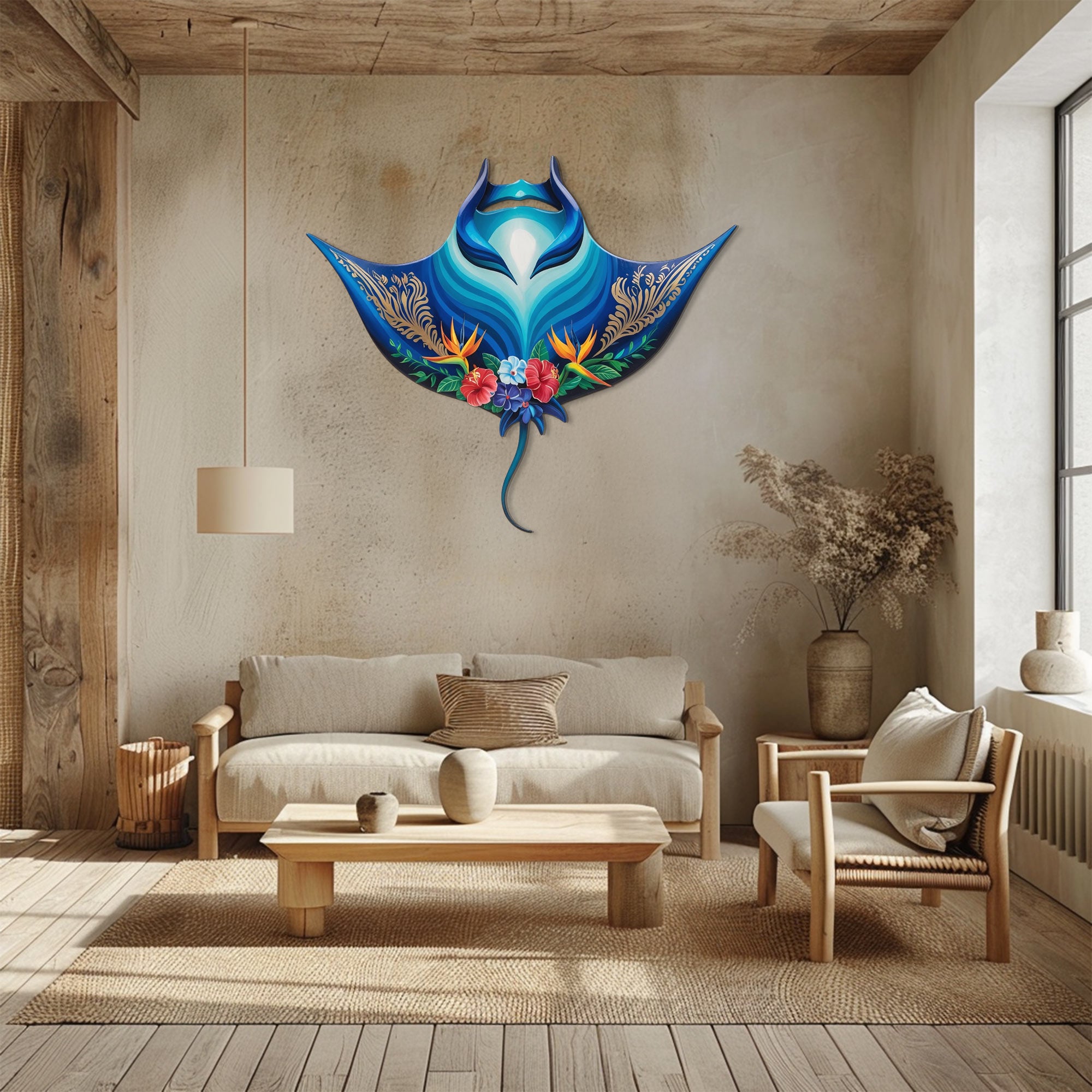 Tropical Blue Stingray – Vibrant Ocean Floral Style Metal Wall Art Decor for Home &amp; Outdoor