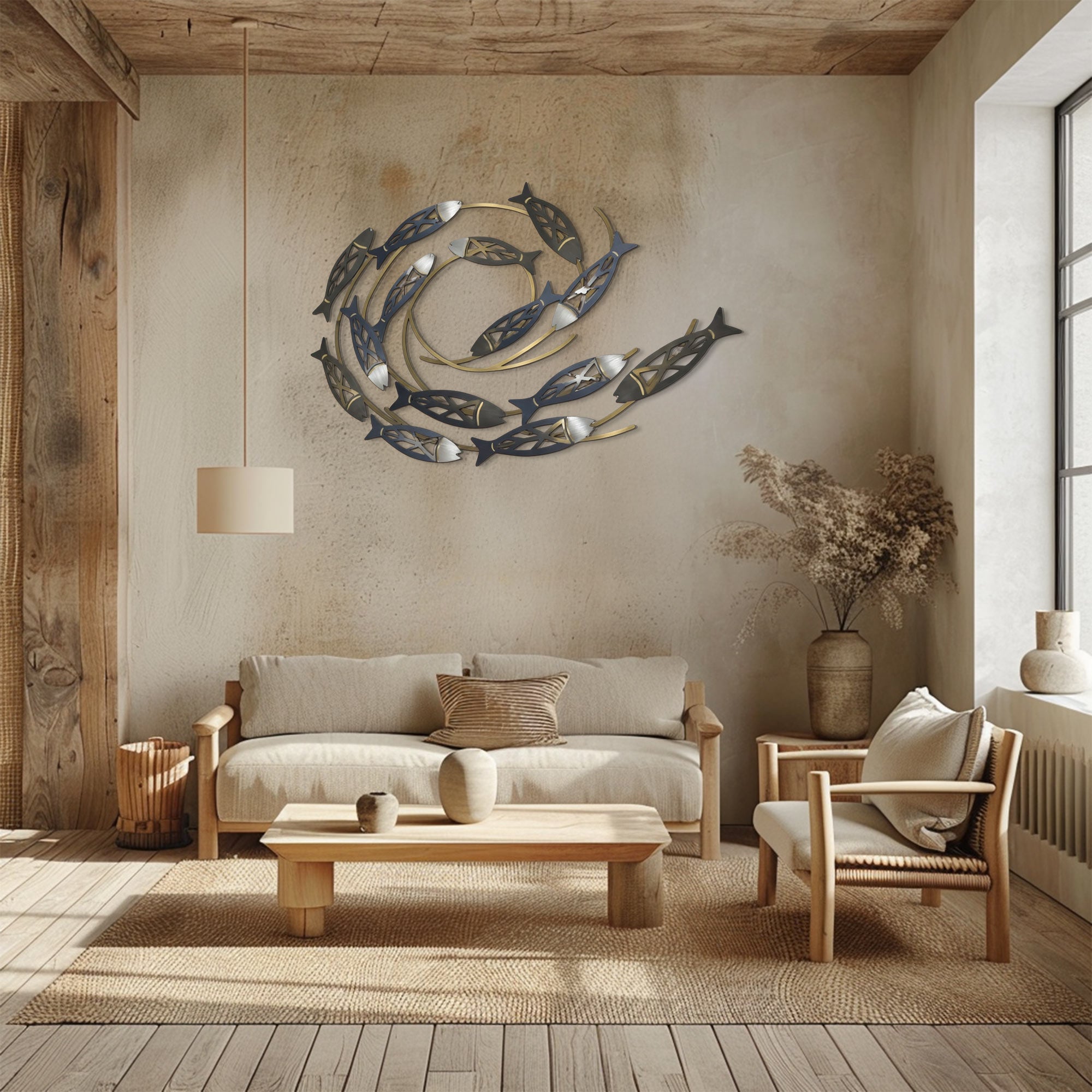 Swirling School of Fish – Elegant Metallic Ocean Style Metal Wall Art Decor for Home &amp; Outdoor