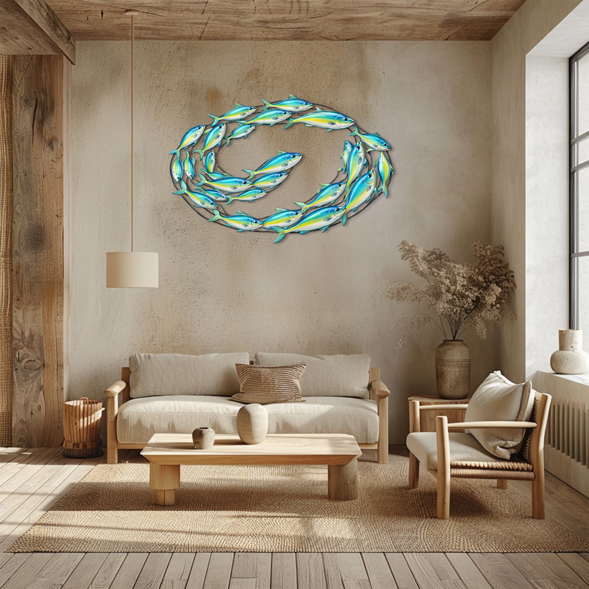 Swirling School of Fish – Vibrant Blue Yellow Ocean Style Metal Wall Art Decor for Home &amp; Outdoor