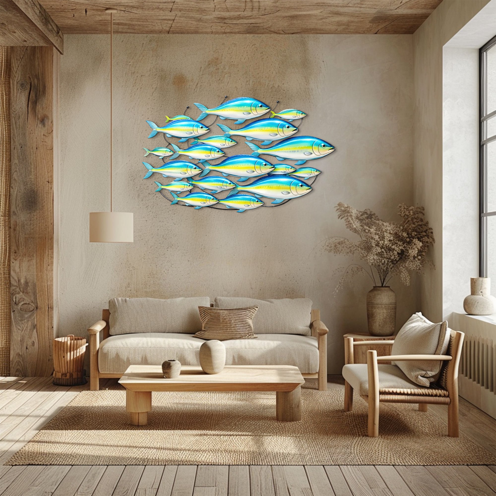 School of Blue Yellow Fish – Vibrant Tropical Ocean Style Metal Wall Art Decor for Home &amp; Outdoor