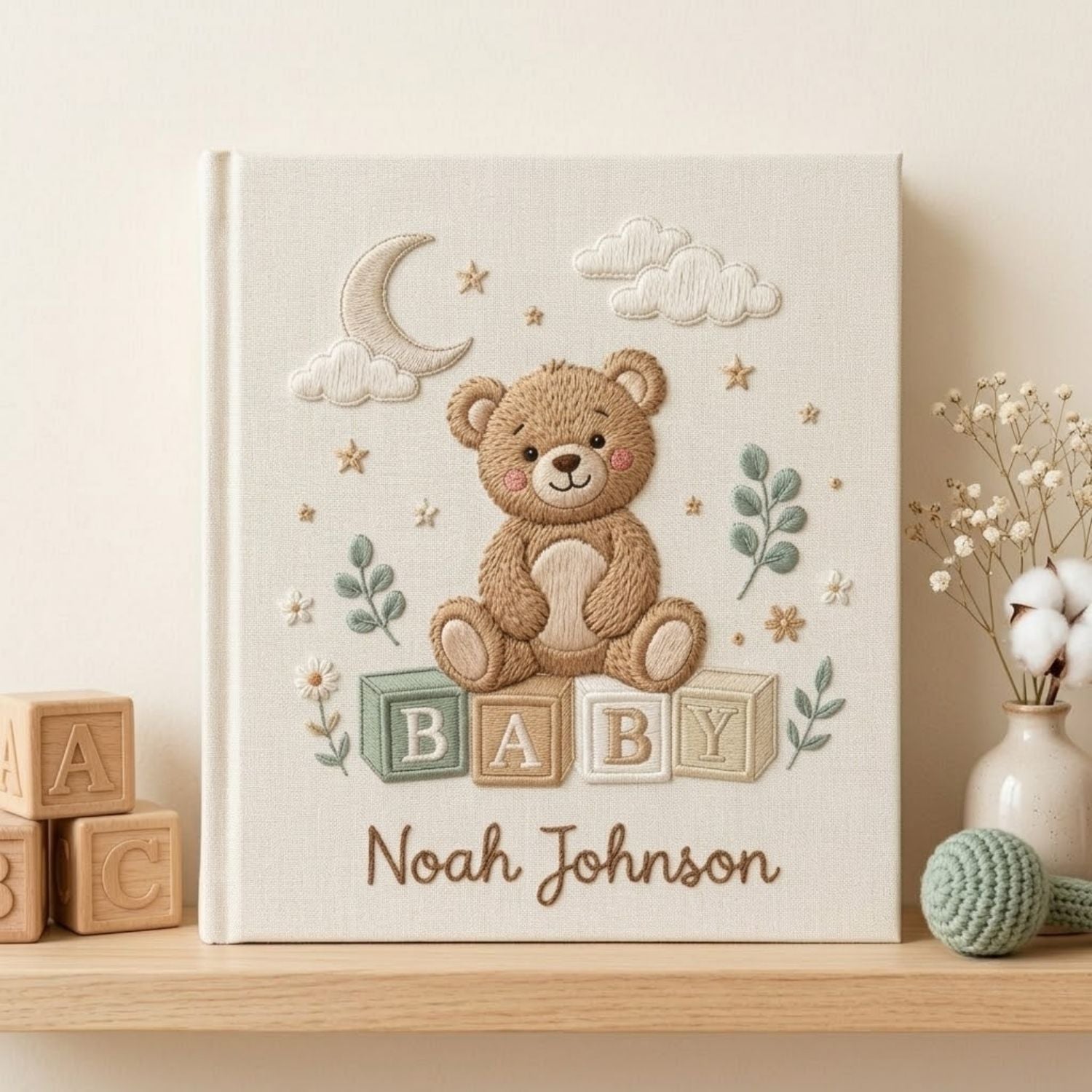 Personalized Baby Embroidered Photo Album, Teddy Bear Baby Memory Book, Custom Name Newborn Keepsake, Nursery Gift, Baby Shower Gift