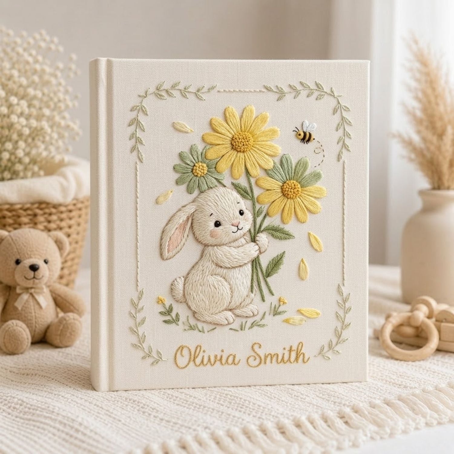 Personalized Bunny Embroidered Baby Photo Album, Daisy Flower Nursery Keepsake, Custom Baby Name Album, Handmade Baby Memory Book Gift