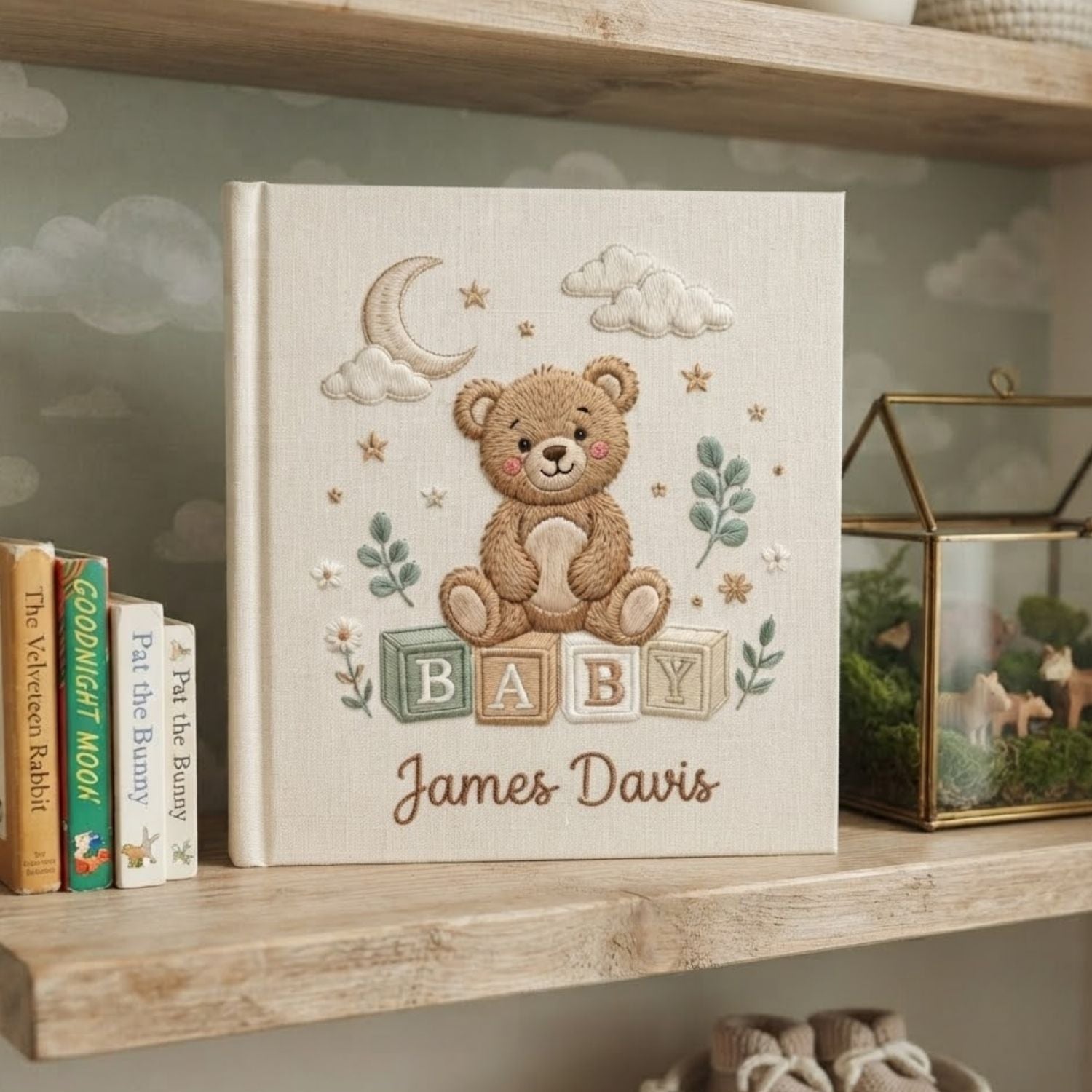 Personalized Baby Embroidered Photo Album, Teddy Bear Baby Memory Book, Custom Name Newborn Keepsake, Nursery Gift, Baby Shower Gift