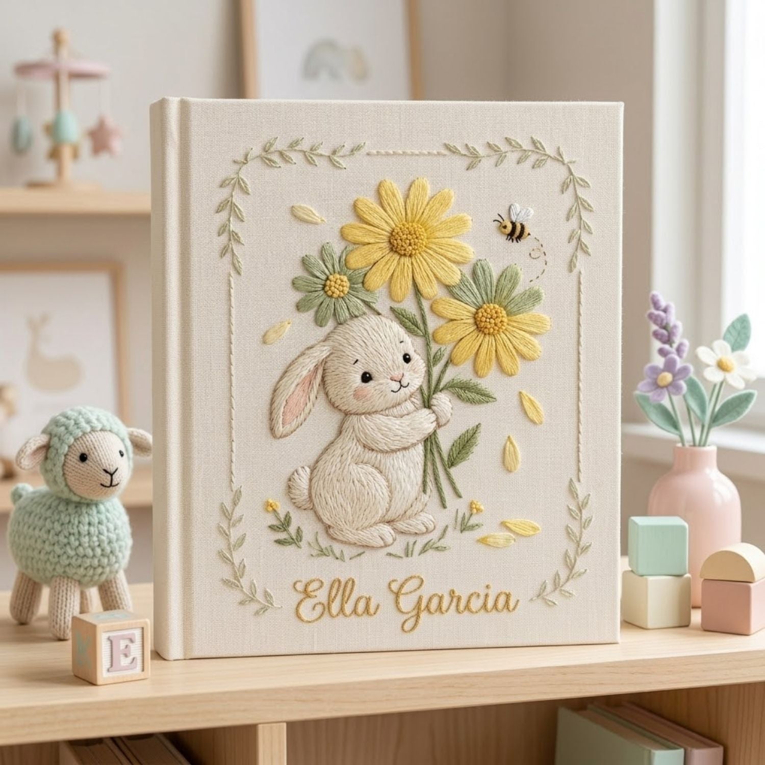 Personalized Bunny Embroidered Baby Photo Album, Daisy Flower Nursery Keepsake, Custom Baby Name Album, Handmade Baby Memory Book Gift