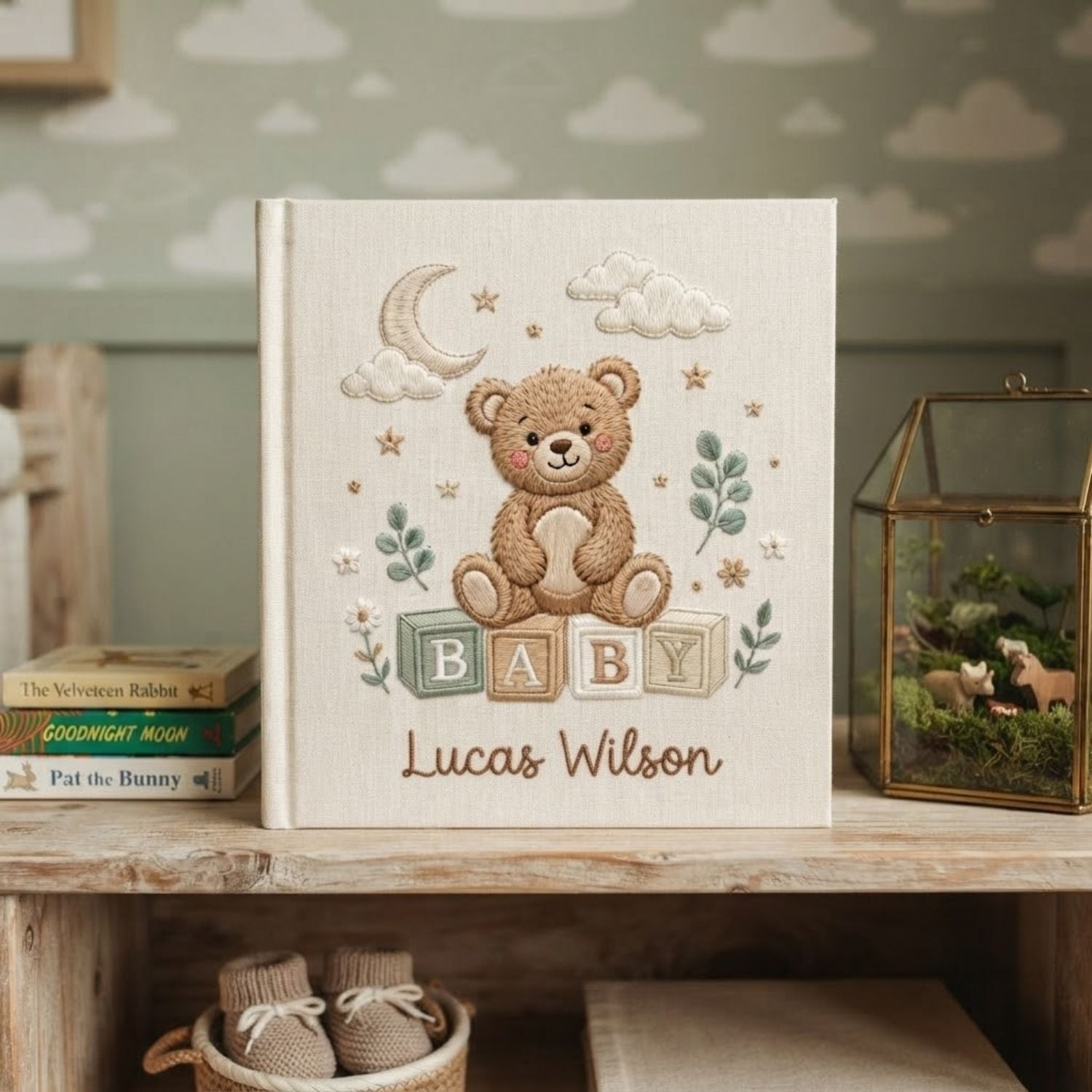 Personalized Baby Embroidered Photo Album, Teddy Bear Baby Memory Book, Custom Name Newborn Keepsake, Nursery Gift, Baby Shower Gift