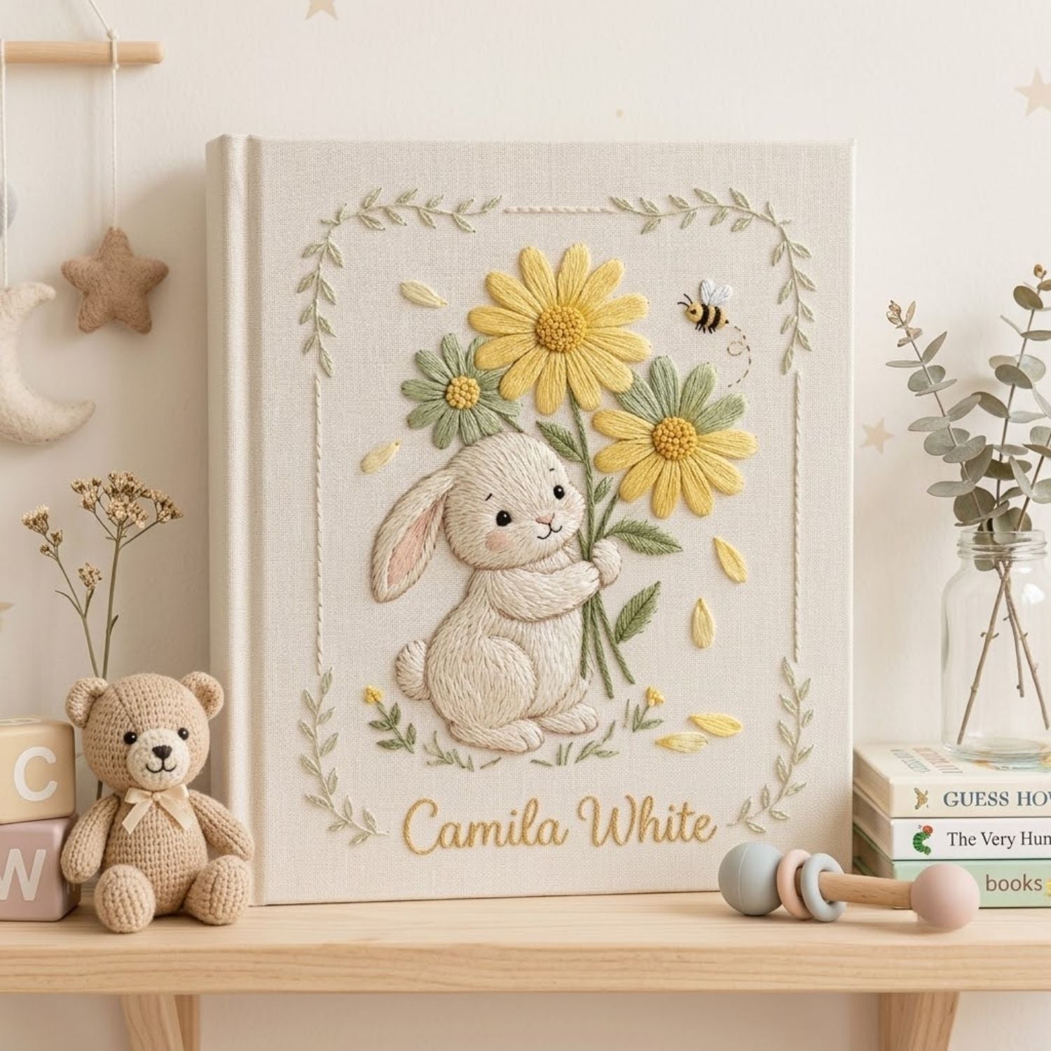 Personalized Bunny Embroidered Baby Photo Album, Daisy Flower Nursery Keepsake, Custom Baby Name Album, Handmade Baby Memory Book Gift