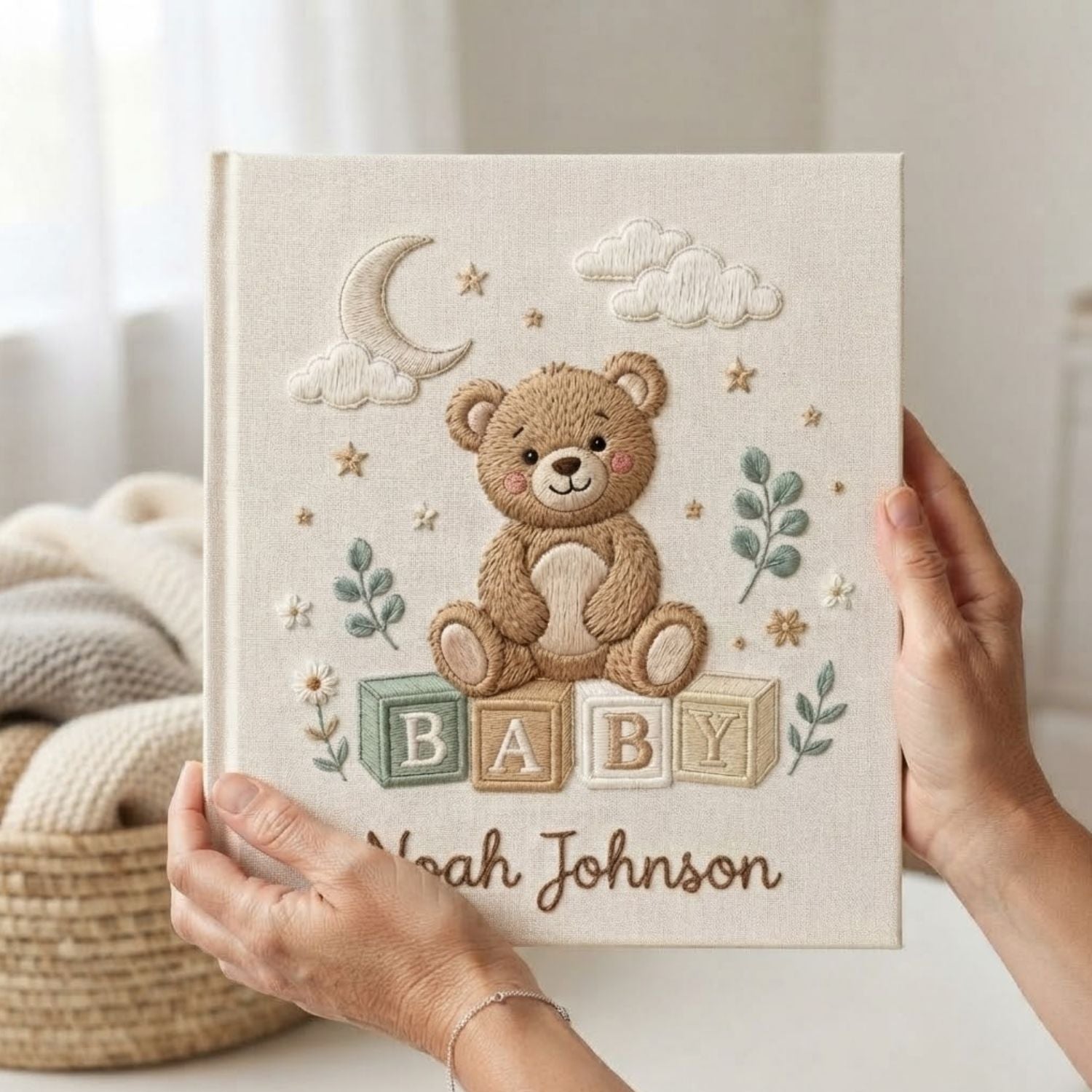Personalized Baby Embroidered Photo Album, Teddy Bear Baby Memory Book, Custom Name Newborn Keepsake, Nursery Gift, Baby Shower Gift