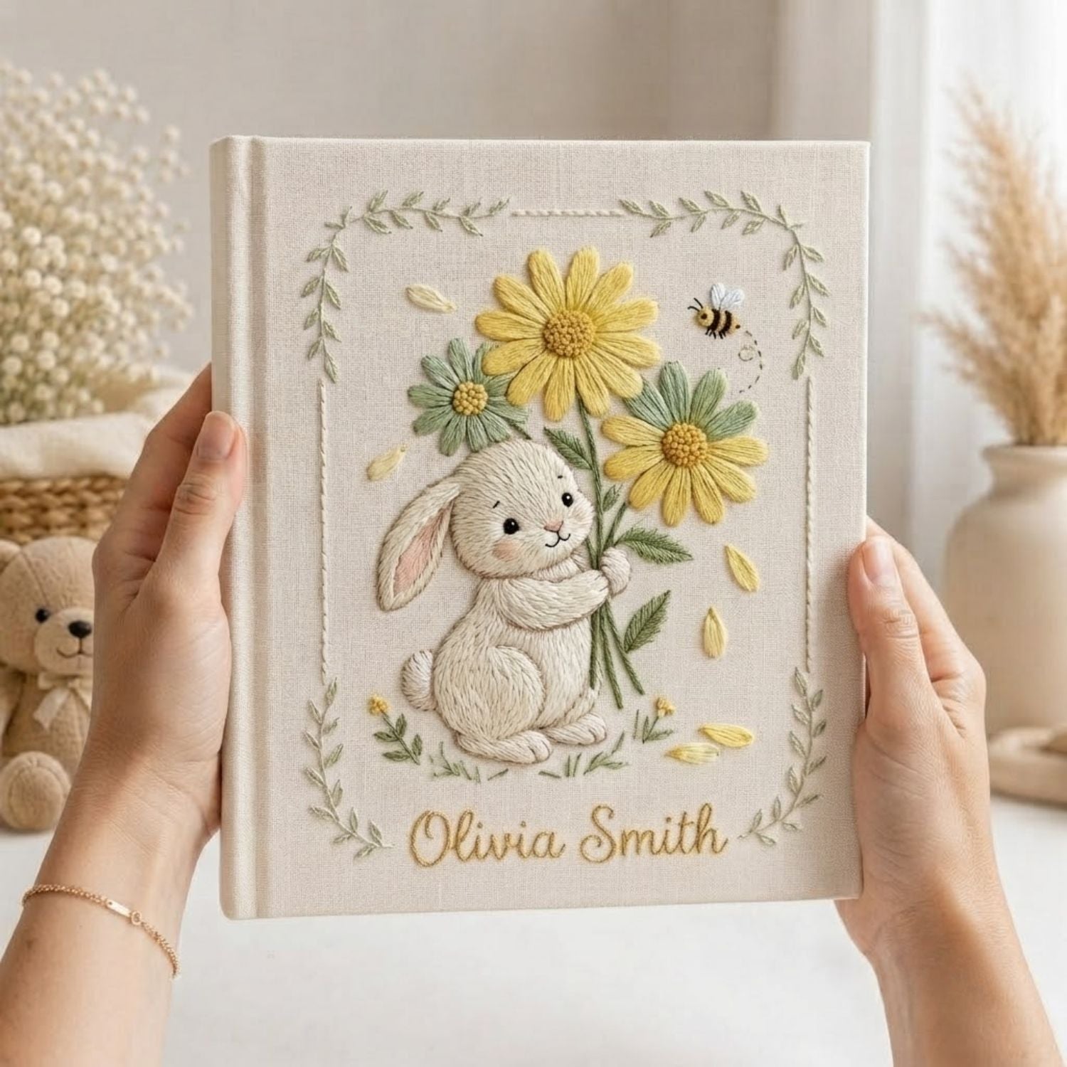 Personalized Bunny Embroidered Baby Photo Album, Daisy Flower Nursery Keepsake, Custom Baby Name Album, Handmade Baby Memory Book Gift