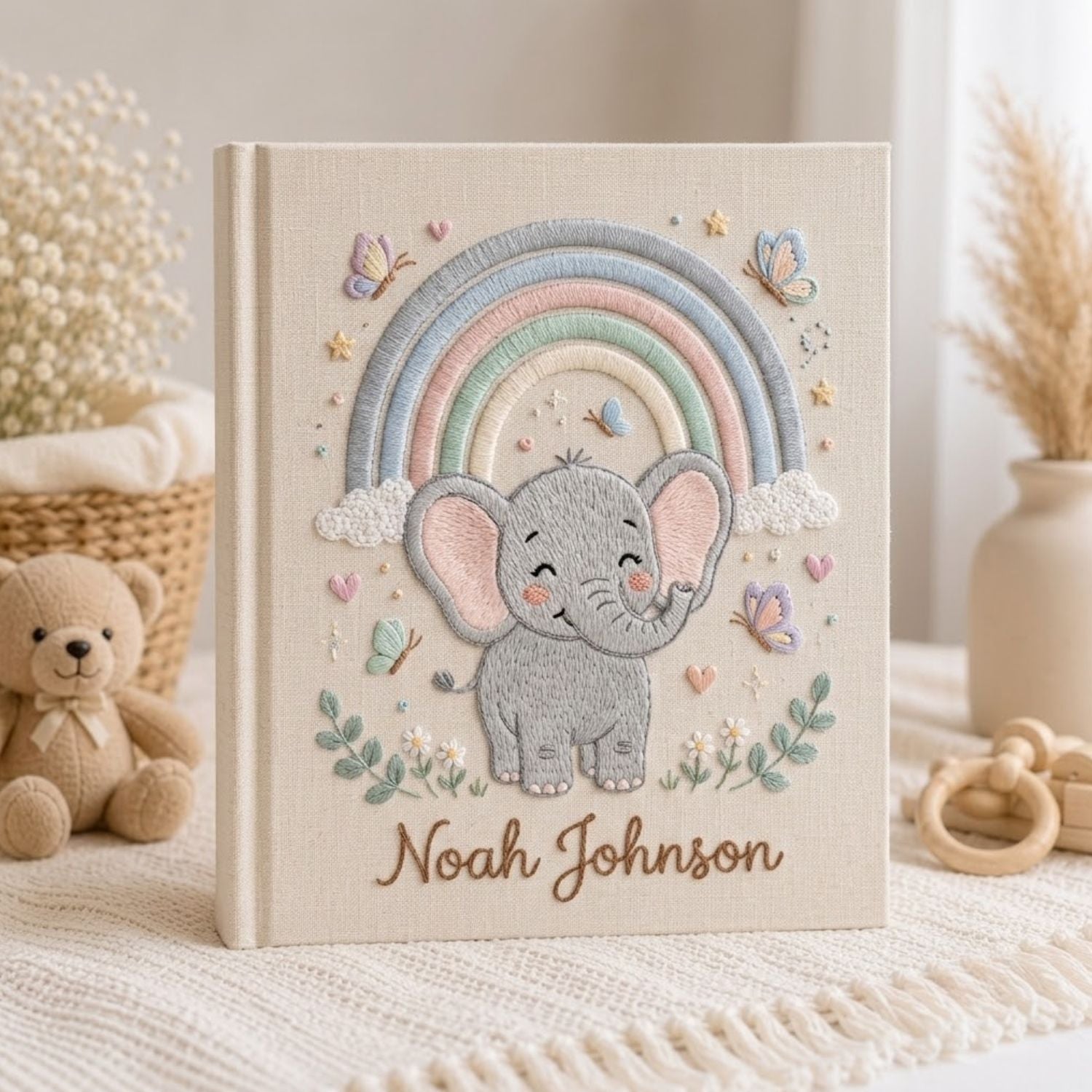 Personalized Baby Embroidered Photo Album, Rainbow Elephant Baby Memory Book, Custom Name Newborn Keepsake, Nursery Gift Idea