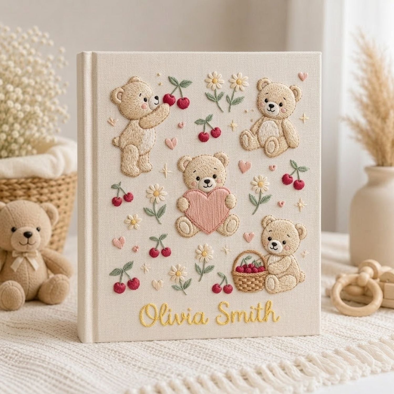 Personalized Teddy Bear Embroidered Baby Photo Album, Cherry Pattern Baby Girl Keepsake, Custom Name Nursery Album, Handmade Memory Book Gift