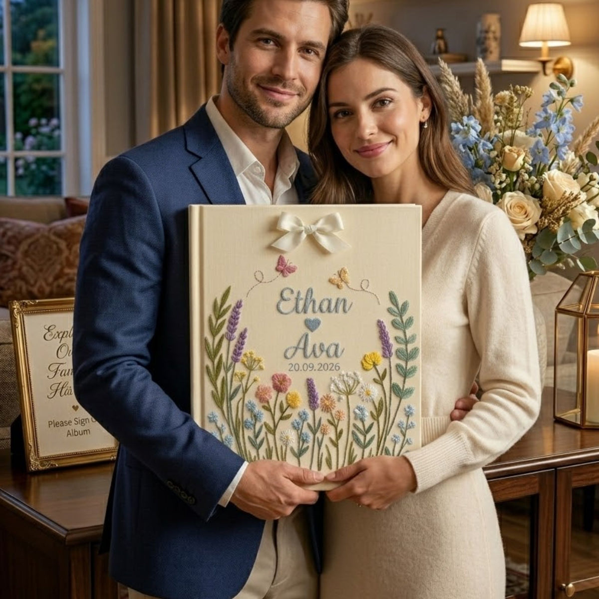 Personalized wildflower meadow hand embroidered photo album with custom names date butterflies and ribbon bow on linen cover