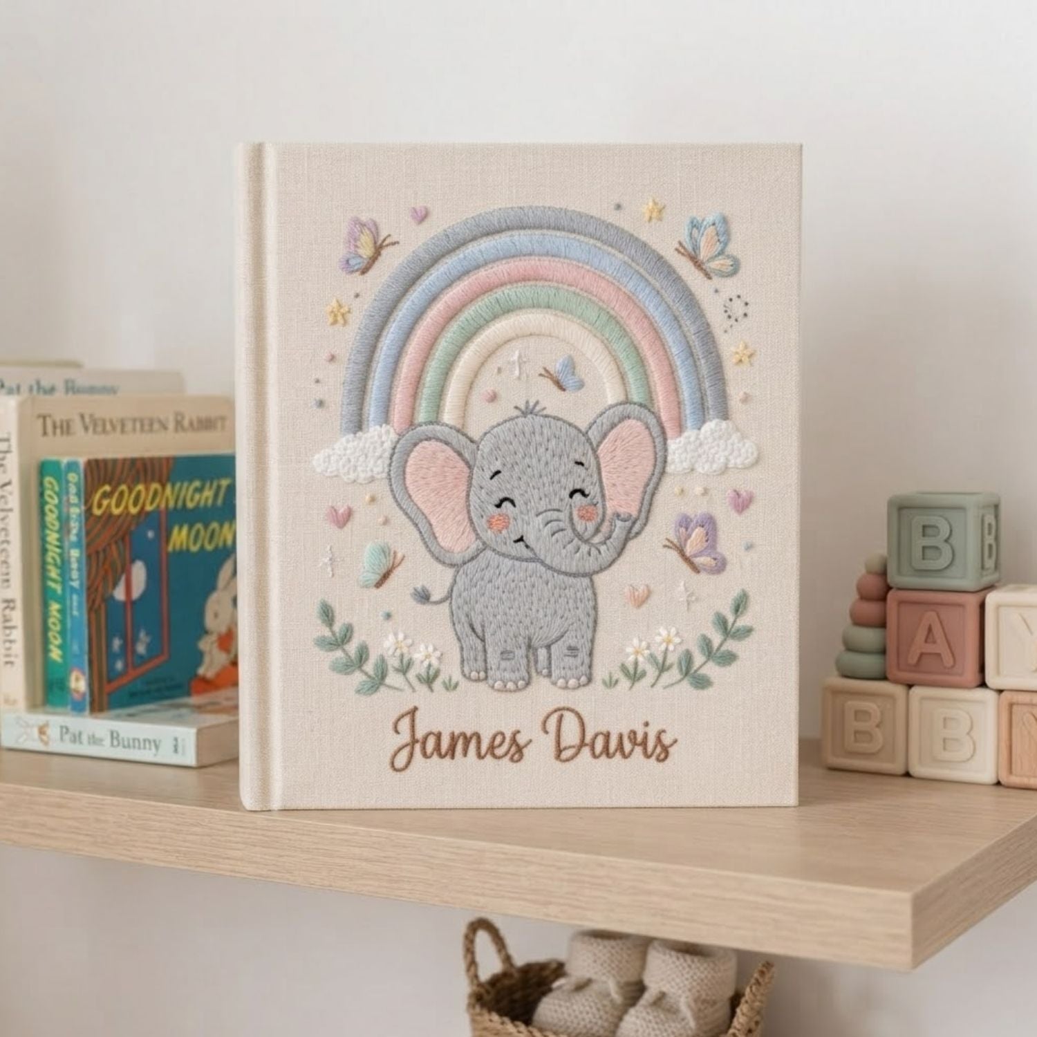 Personalized Baby Embroidered Photo Album, Rainbow Elephant Baby Memory Book, Custom Name Newborn Keepsake, Nursery Gift Idea