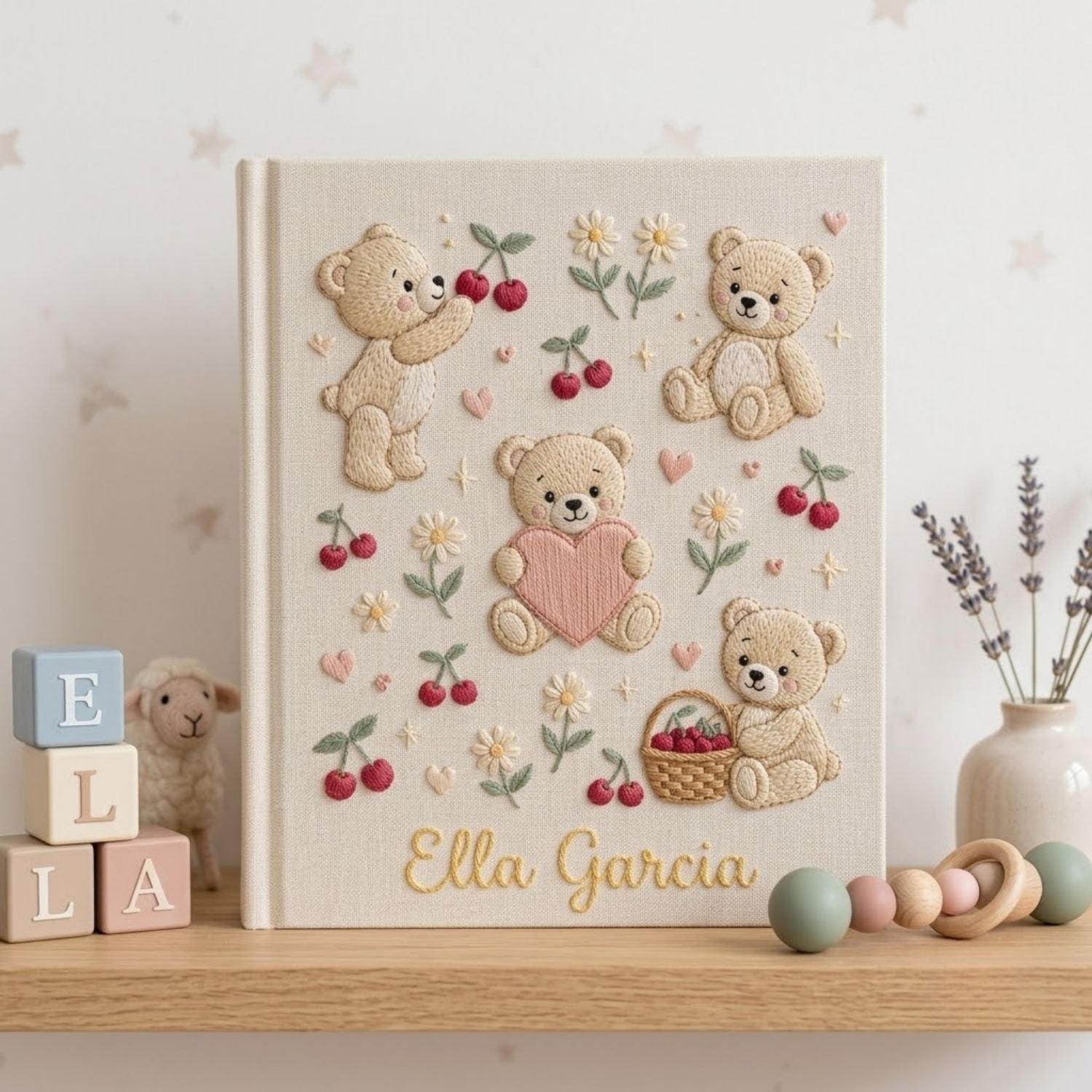 Personalized Teddy Bear Embroidered Baby Photo Album, Cherry Pattern Baby Girl Keepsake, Custom Name Nursery Album, Handmade Memory Book Gift