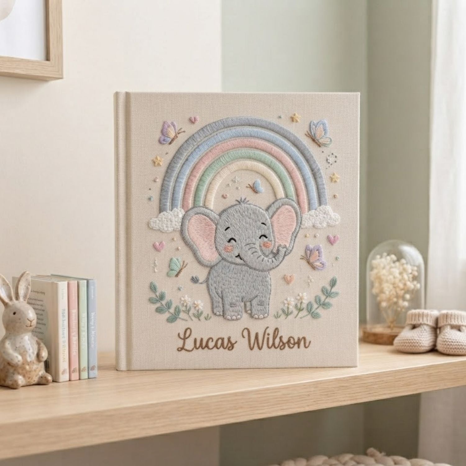 Personalized Baby Embroidered Photo Album, Rainbow Elephant Baby Memory Book, Custom Name Newborn Keepsake, Nursery Gift Idea