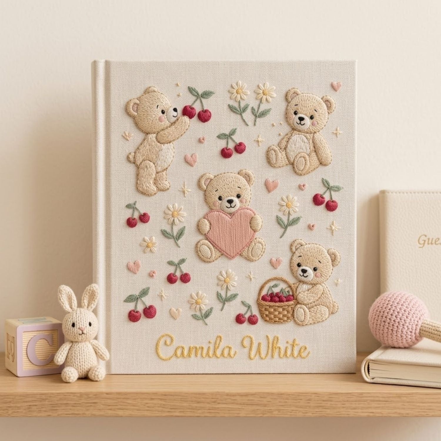 Personalized Teddy Bear Embroidered Baby Photo Album, Cherry Pattern Baby Girl Keepsake, Custom Name Nursery Album, Handmade Memory Book Gift