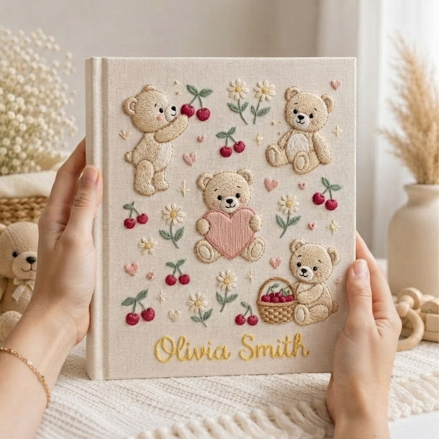 Personalized Teddy Bear Embroidered Baby Photo Album, Cherry Pattern Baby Girl Keepsake, Custom Name Nursery Album, Handmade Memory Book Gift