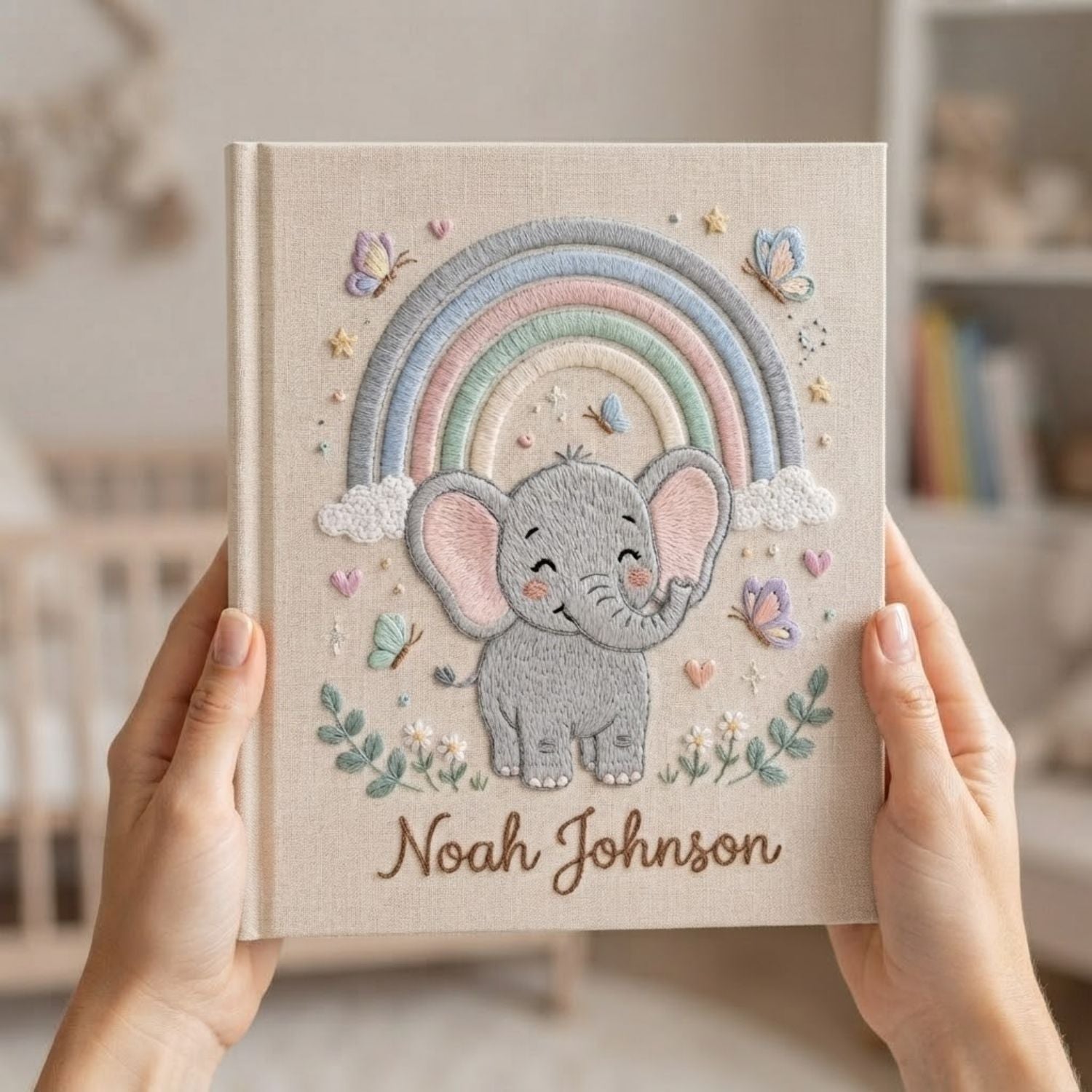 Personalized Baby Embroidered Photo Album, Rainbow Elephant Baby Memory Book, Custom Name Newborn Keepsake, Nursery Gift Idea