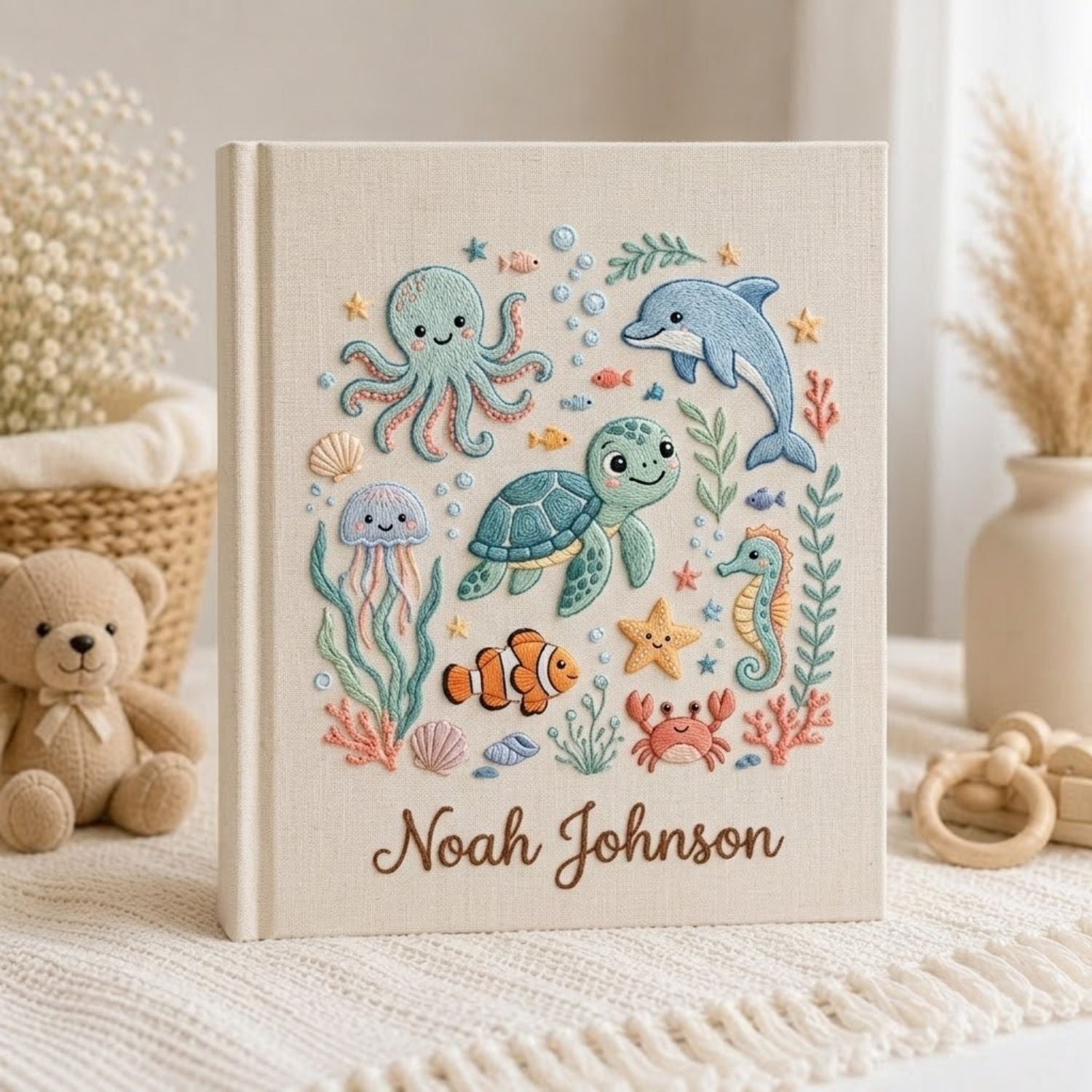 Personalized Ocean Baby Embroidered Photo Album, Sea Animals Turtle Dolphin Nursery Keepsake, Custom Name Linen Baby Memory Book Gift