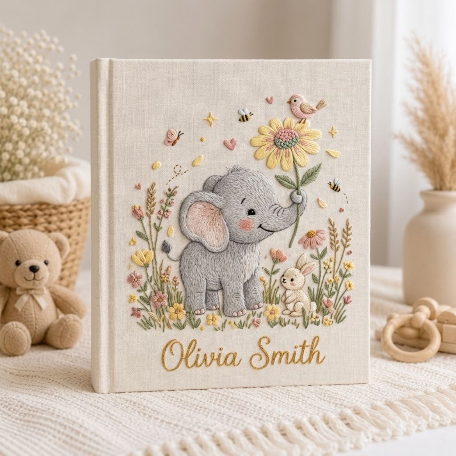 Personalized Elephant Embroidered Baby Photo Album, Floral Nursery Keepsake Gift, Custom Baby Name Album, Handmade Linen Memory Book