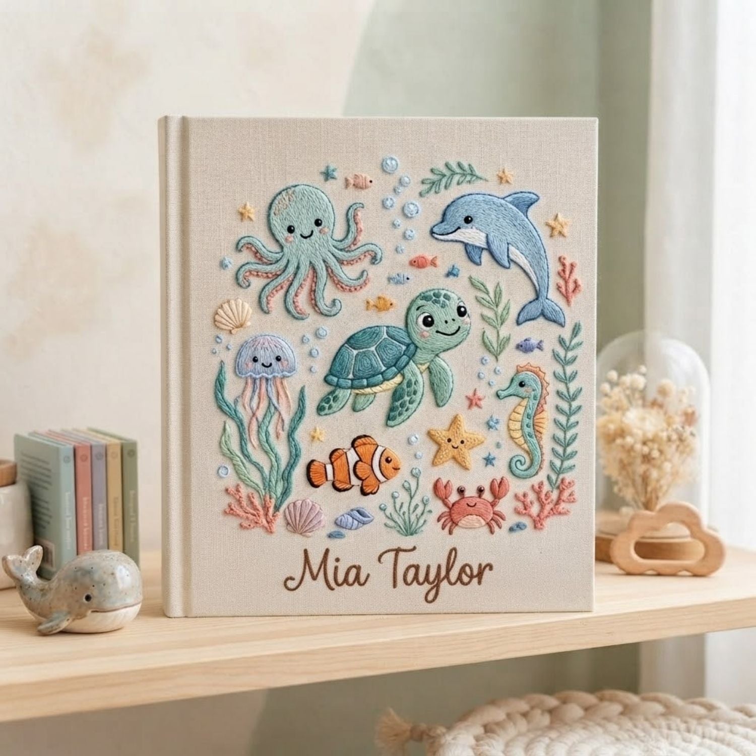 Personalized Ocean Baby Embroidered Photo Album, Sea Animals Turtle Dolphin Nursery Keepsake, Custom Name Linen Baby Memory Book Gift