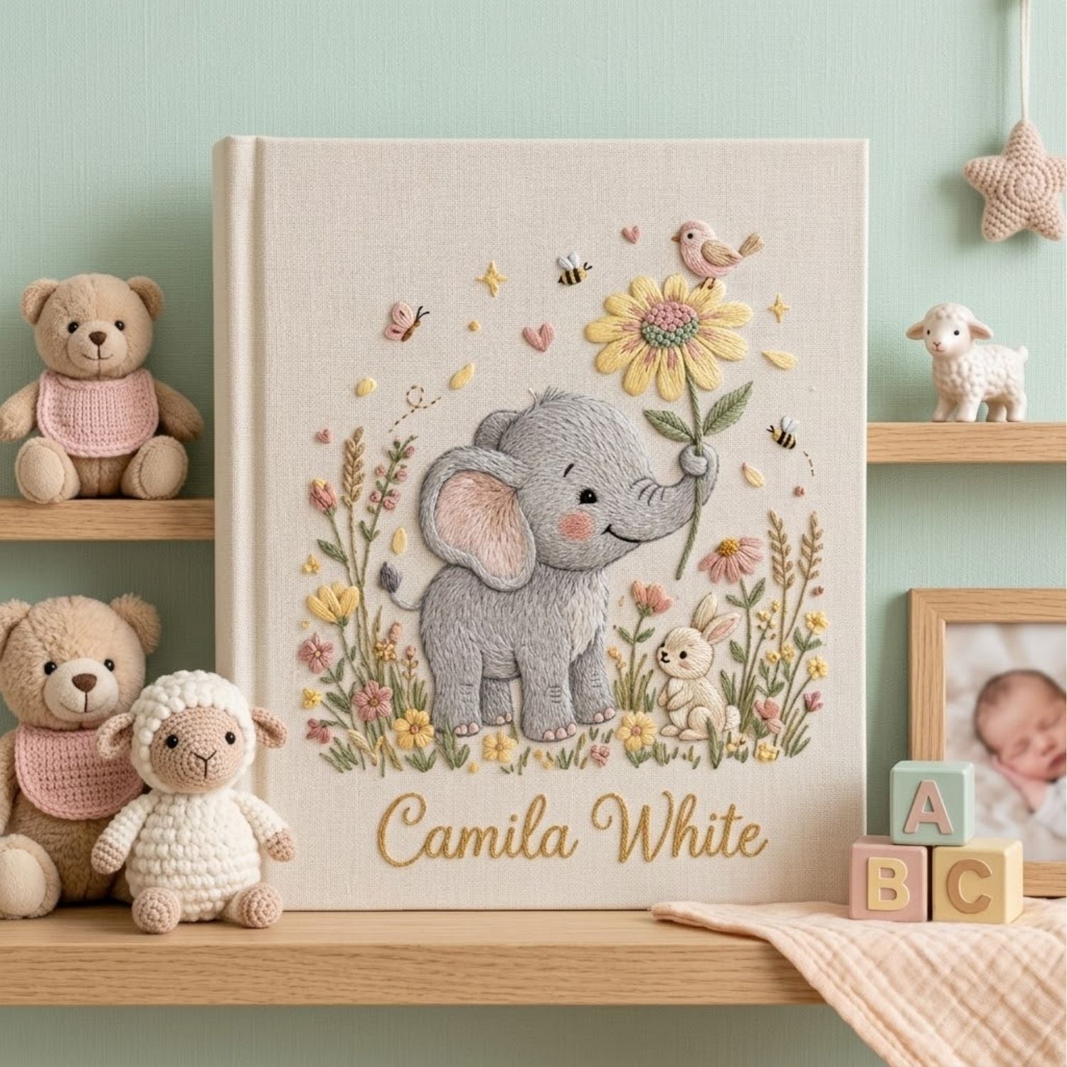 Personalized Elephant Embroidered Baby Photo Album, Floral Nursery Keepsake Gift, Custom Baby Name Album, Handmade Linen Memory Book