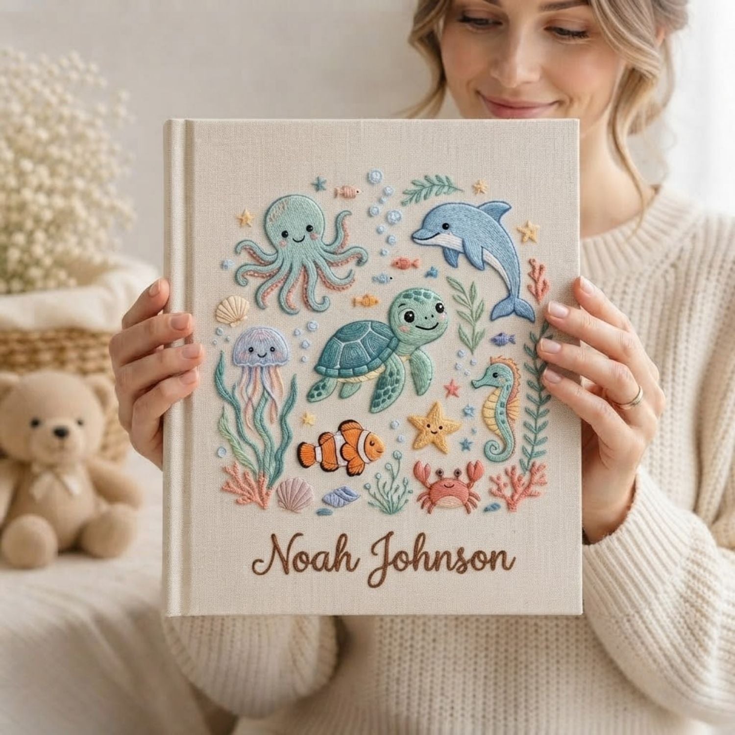 Personalized Ocean Baby Embroidered Photo Album, Sea Animals Turtle Dolphin Nursery Keepsake, Custom Name Linen Baby Memory Book Gift