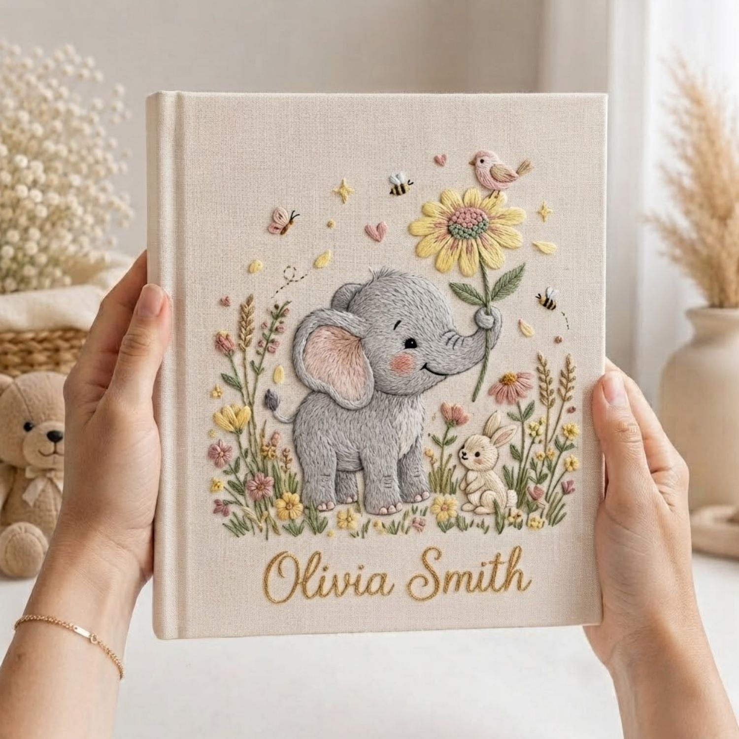 Personalized Elephant Embroidered Baby Photo Album, Floral Nursery Keepsake Gift, Custom Baby Name Album, Handmade Linen Memory Book