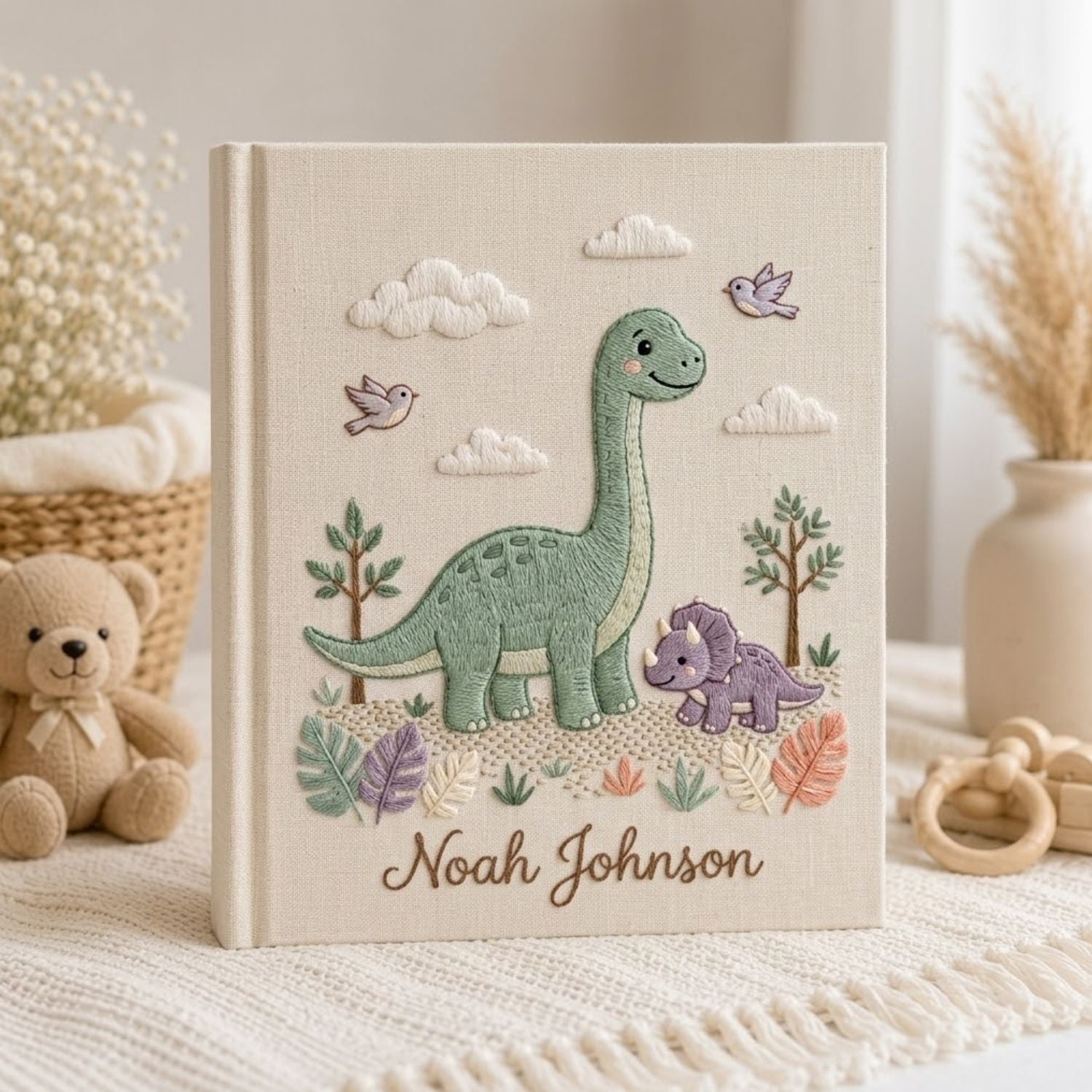 Dinosaur Baby Embroidered Photo Album, Personalized Baby Name Album, Cute Dino Nursery Keepsake, Handmade Baby Memory Book Gift