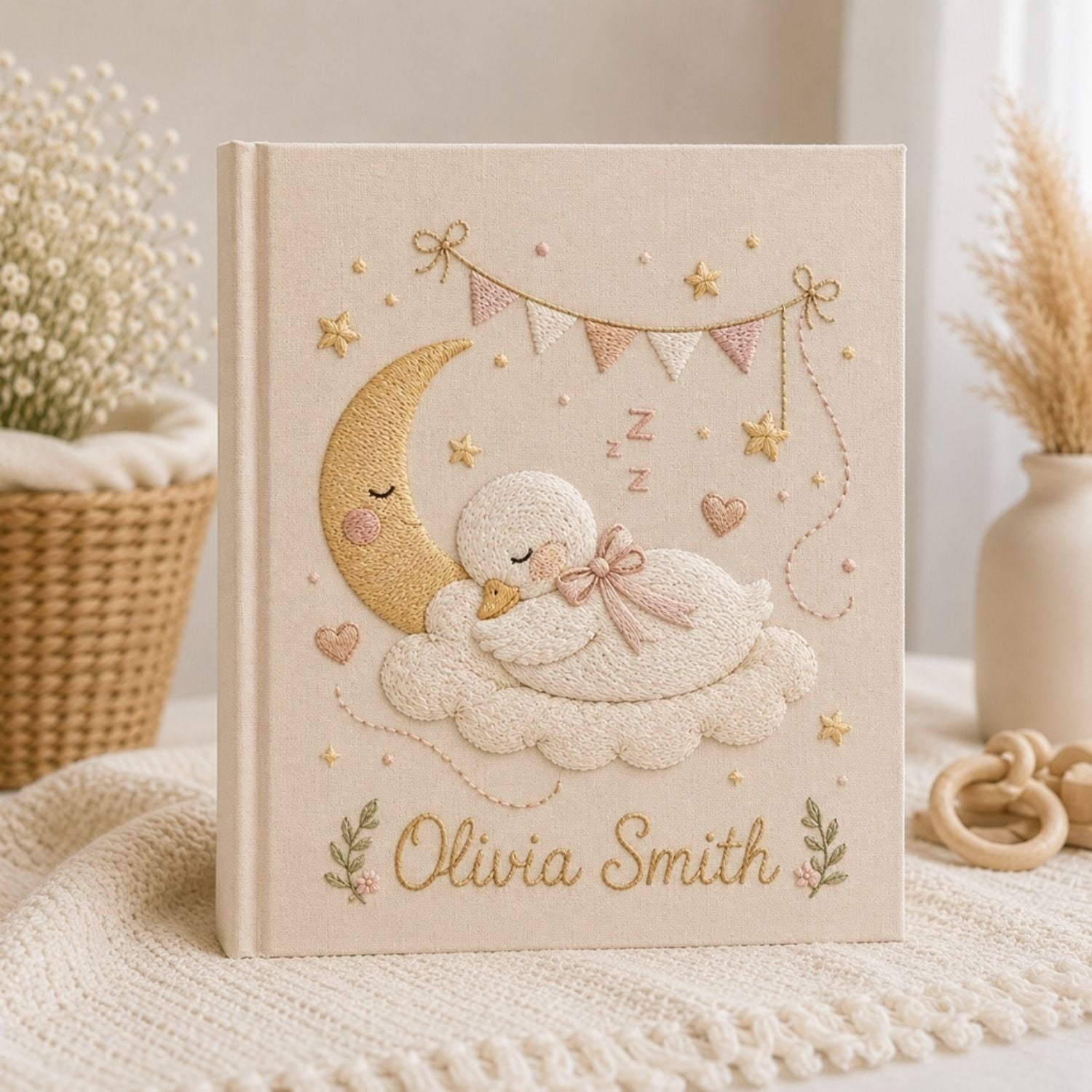 Personalized Swan Embroidered Baby Photo Album, Sleeping Baby Nursery Keepsake Gift, Custom Name Linen Album, Handmade Memory Book