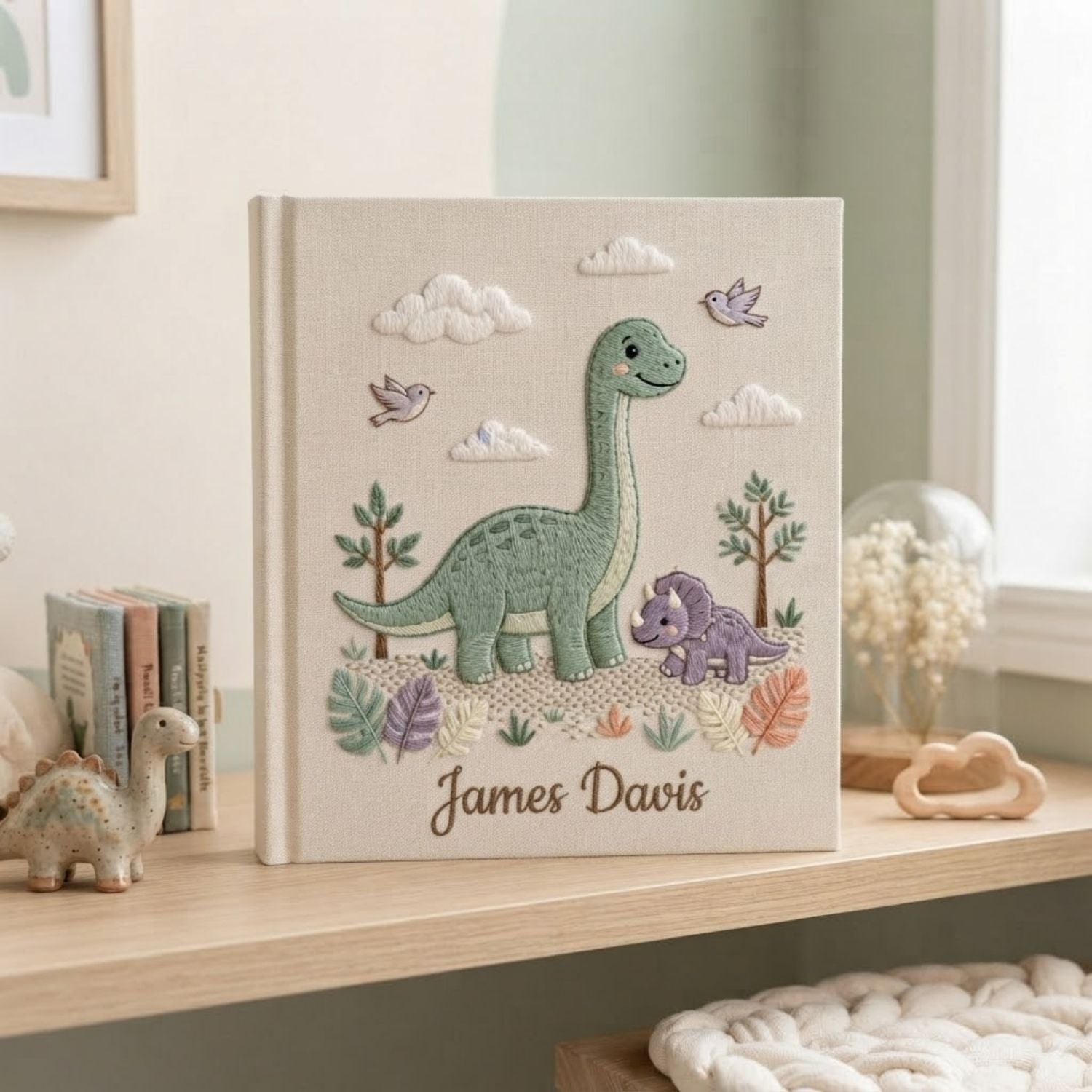 Dinosaur Baby Embroidered Photo Album, Personalized Baby Name Album, Cute Dino Nursery Keepsake, Handmade Baby Memory Book Gift