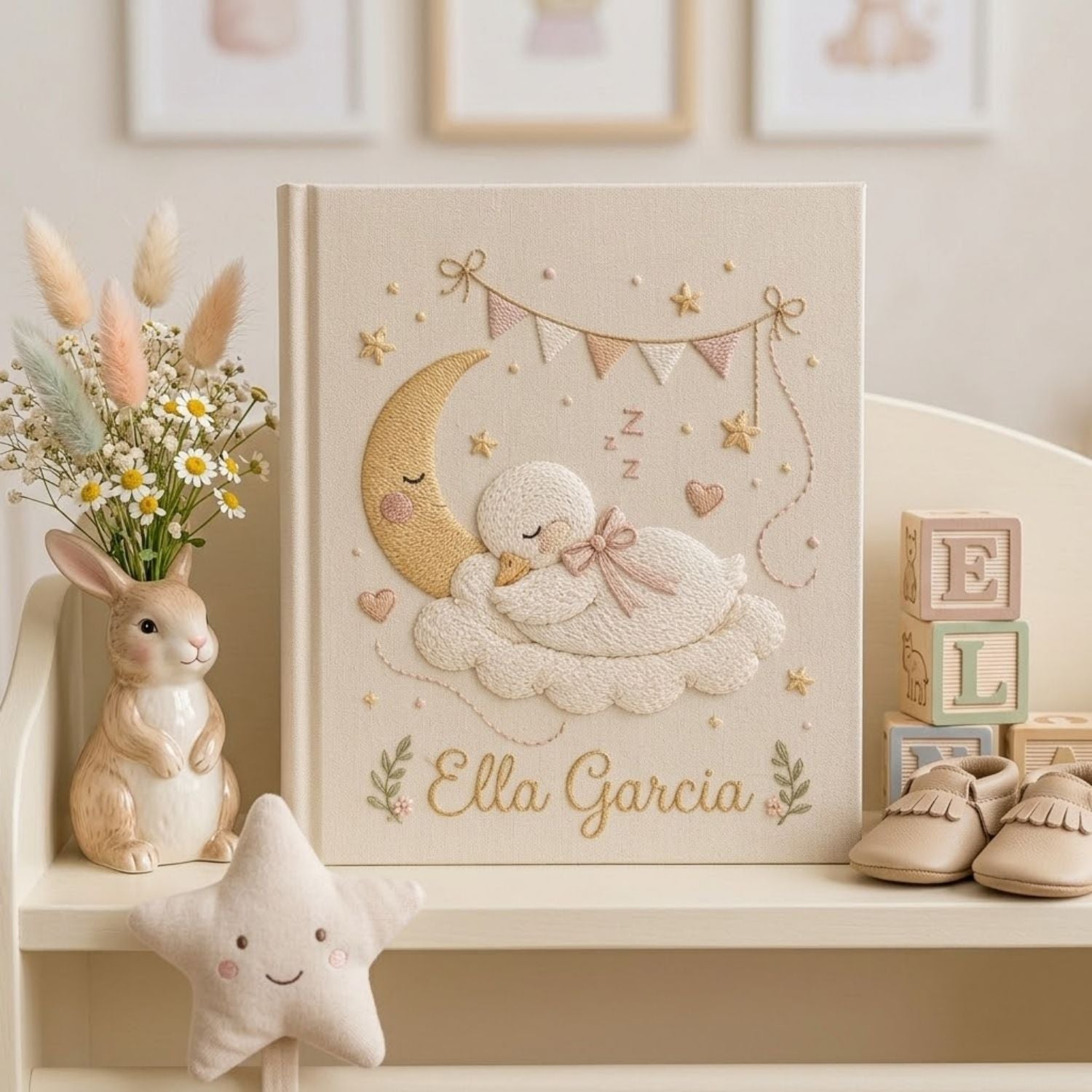 Personalized Swan Embroidered Baby Photo Album, Sleeping Baby Nursery Keepsake Gift, Custom Name Linen Album, Handmade Memory Book