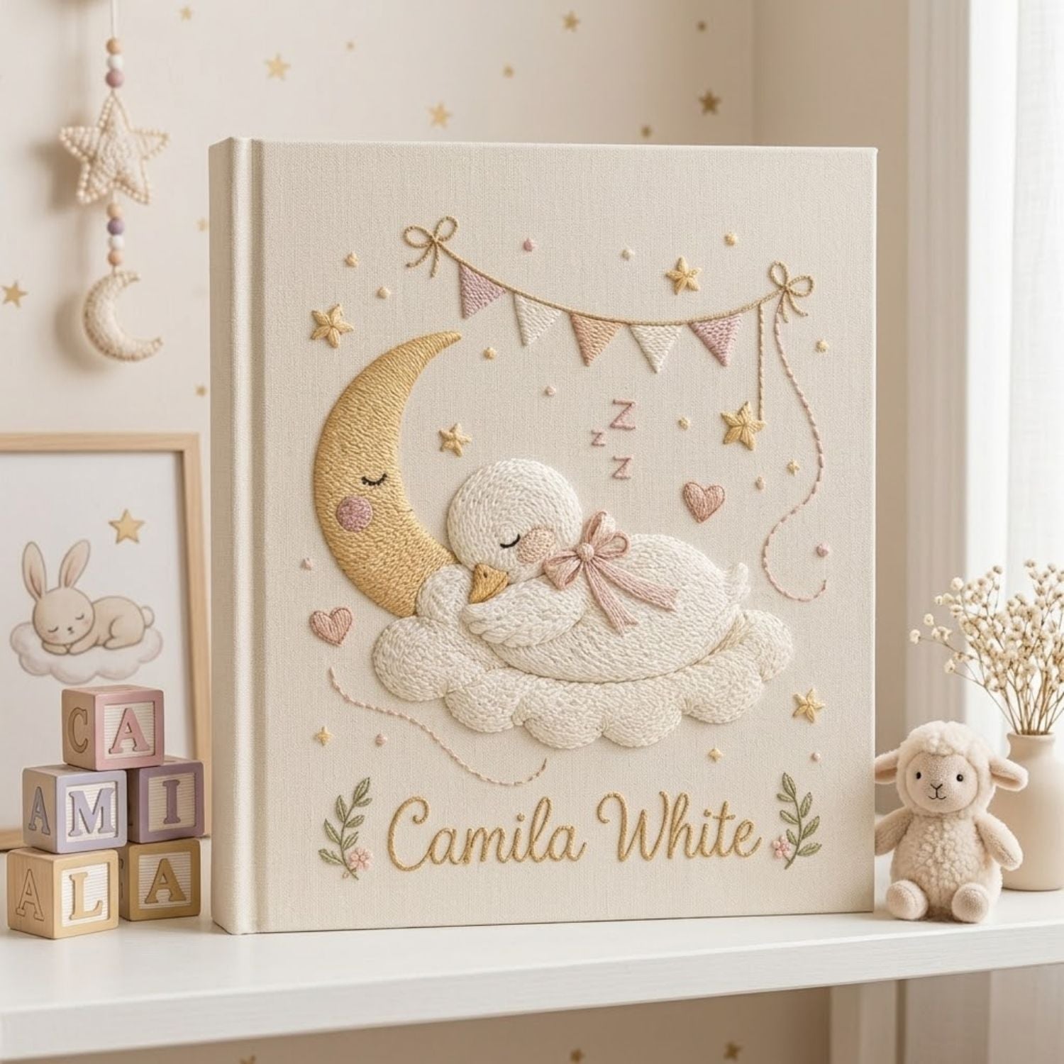 Personalized Swan Embroidered Baby Photo Album, Sleeping Baby Nursery Keepsake Gift, Custom Name Linen Album, Handmade Memory Book
