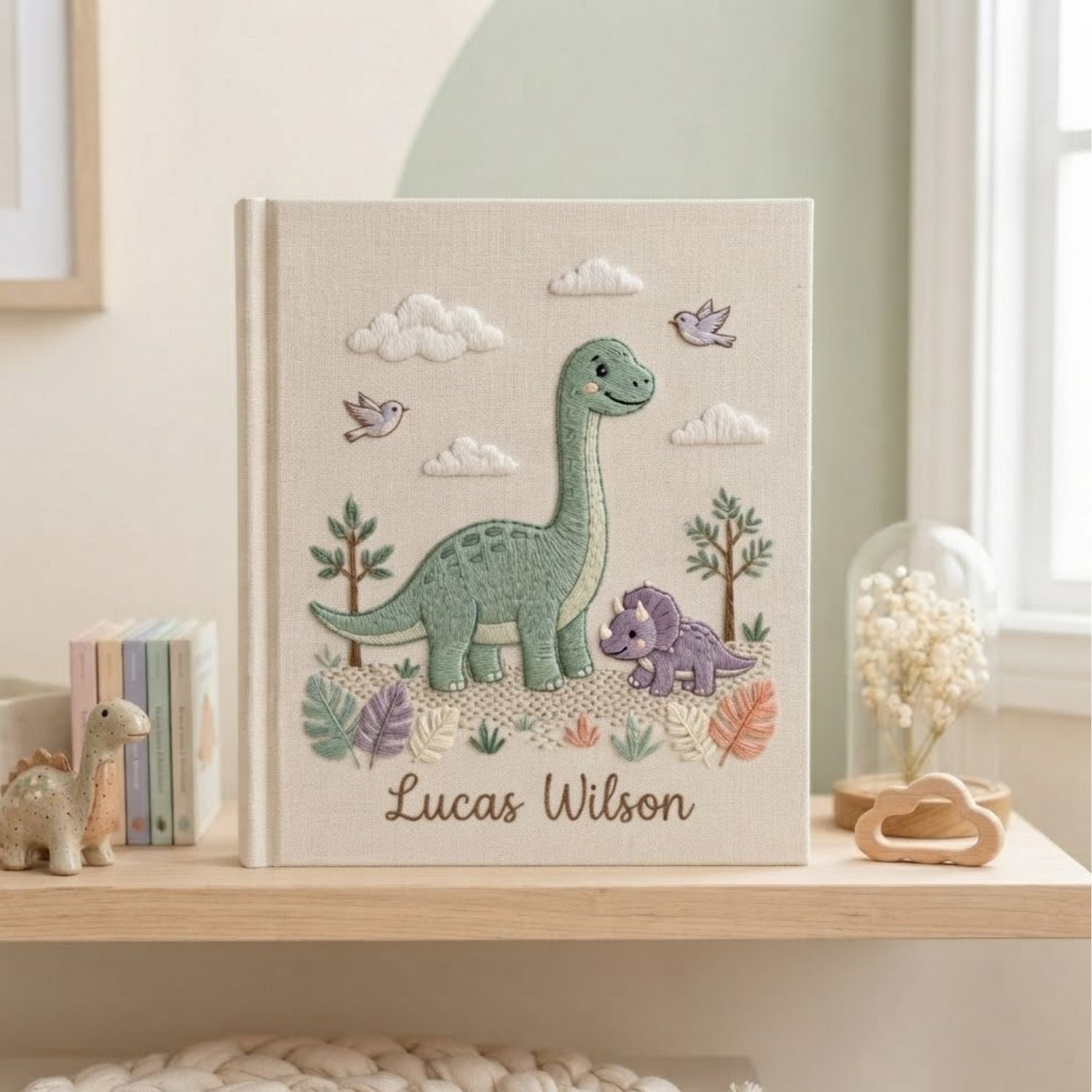 Dinosaur Baby Embroidered Photo Album, Personalized Baby Name Album, Cute Dino Nursery Keepsake, Handmade Baby Memory Book Gift