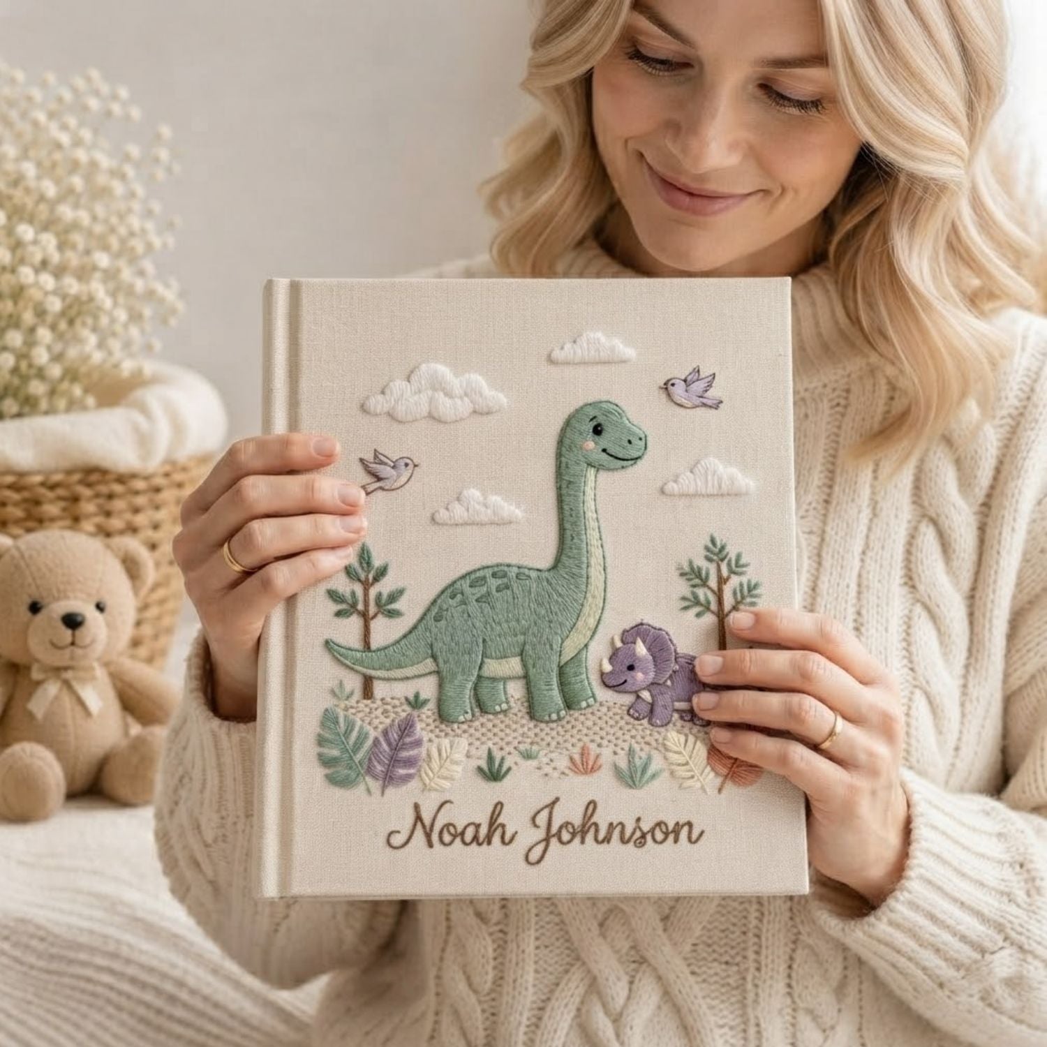 Dinosaur Baby Embroidered Photo Album, Personalized Baby Name Album, Cute Dino Nursery Keepsake, Handmade Baby Memory Book Gift