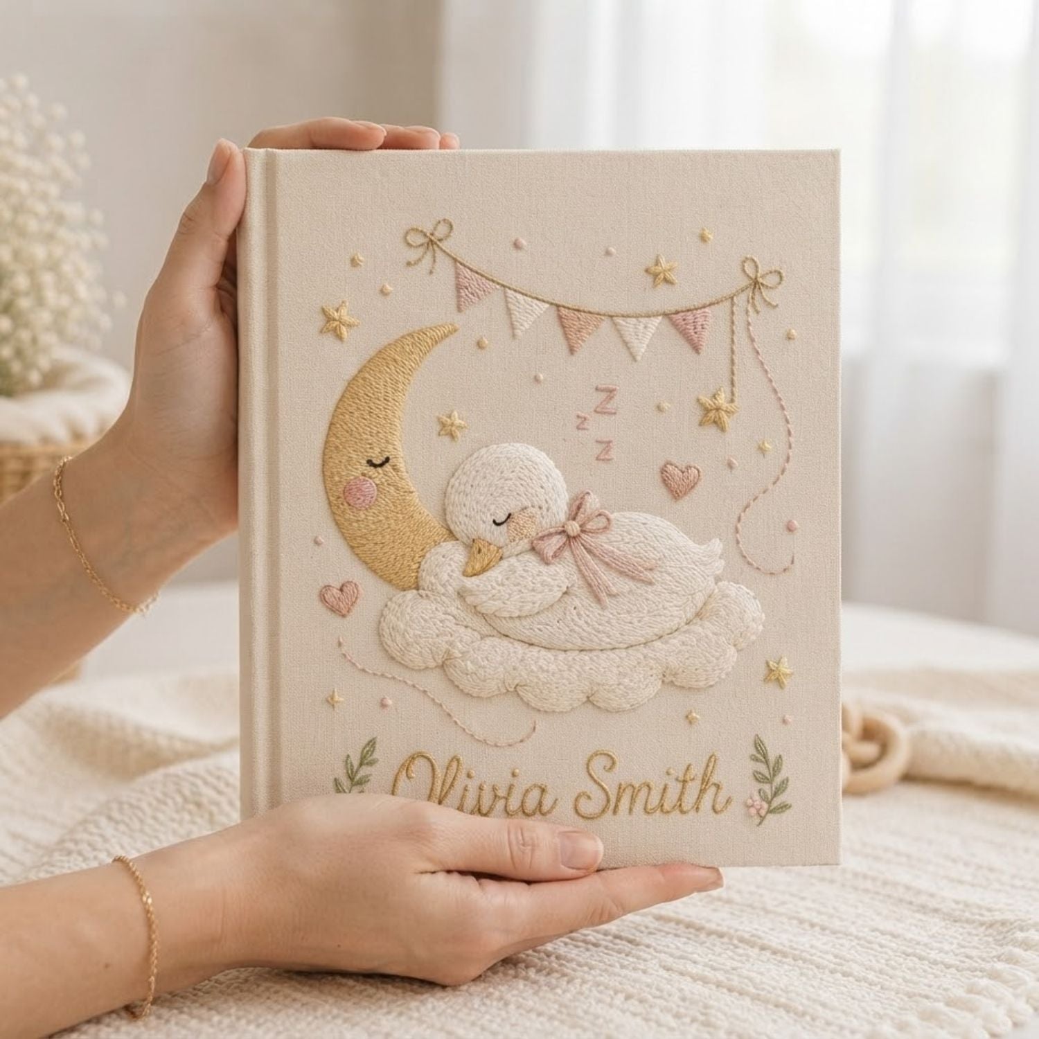 Personalized Swan Embroidered Baby Photo Album, Sleeping Baby Nursery Keepsake Gift, Custom Name Linen Album, Handmade Memory Book