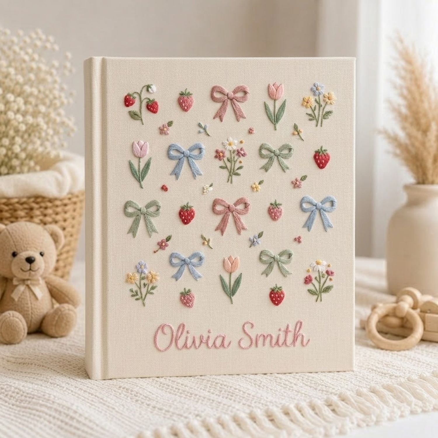 Floral Bow Strawberry Embroidered Baby Photo Album, Personalized Baby Girl Album, Cute Nursery Keepsake Gift, Handmade Memory Book