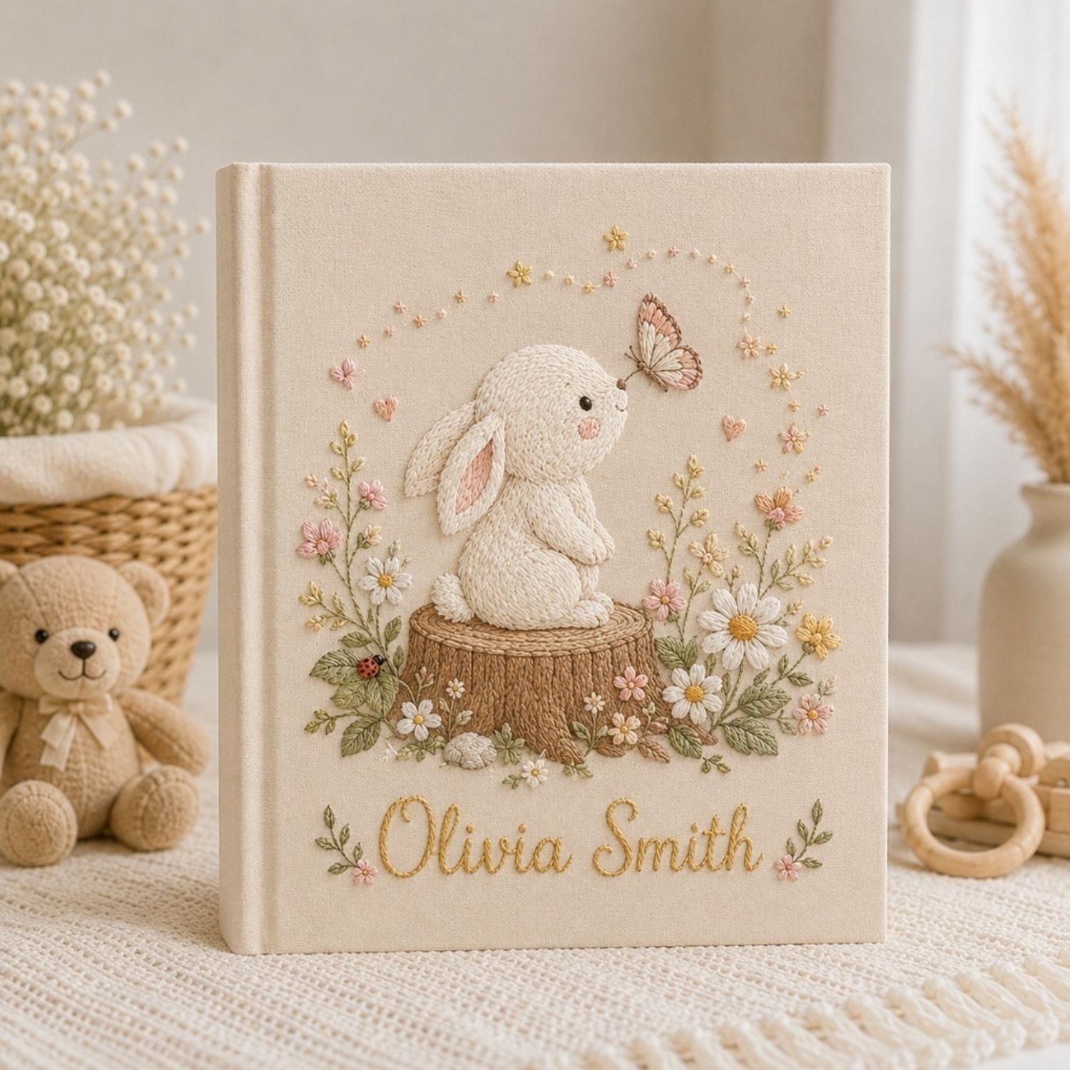 Personalized Bunny Embroidered Baby Photo Album, Woodland Floral Nursery Keepsake Gift, Custom Name Linen Album, Handmade Memory Book