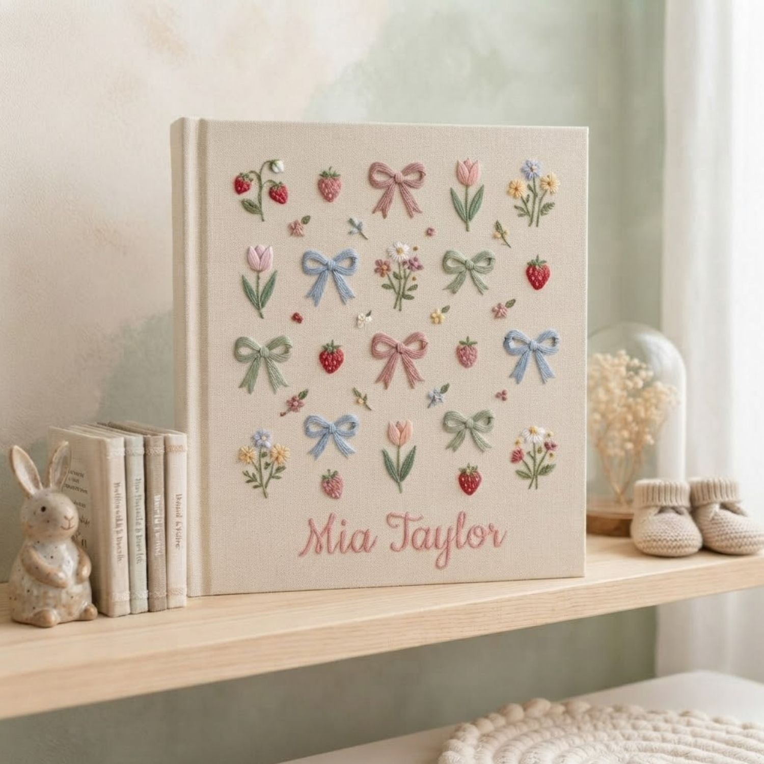 Floral Bow Strawberry Embroidered Baby Photo Album, Personalized Baby Girl Album, Cute Nursery Keepsake Gift, Handmade Memory Book
