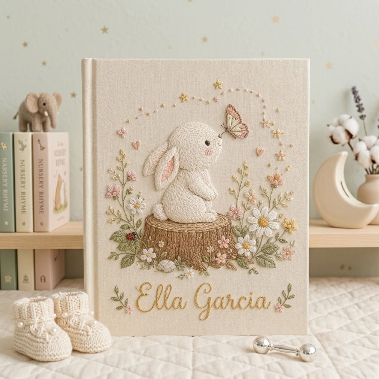 Personalized Bunny Embroidered Baby Photo Album, Woodland Floral Nursery Keepsake Gift, Custom Name Linen Album, Handmade Memory Book